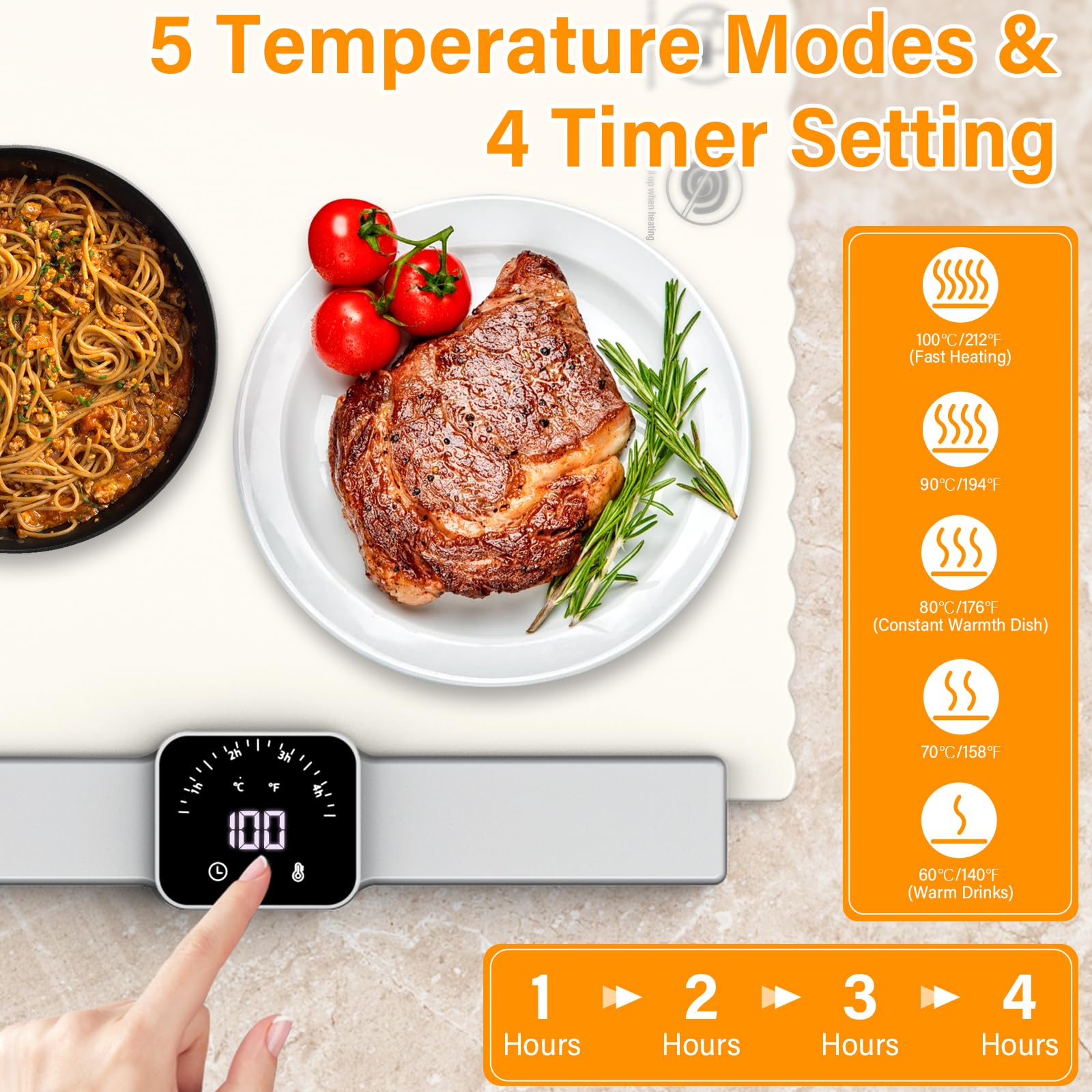 Plateau chauffant électrique,60-100℃ Plateau Chauffant Pliable en Silicone,Plateau Chauffant Électrique Portable avec Minuteur de 4 Heures.chauffage rapide,pour Fête Buffet Célébration Familiale