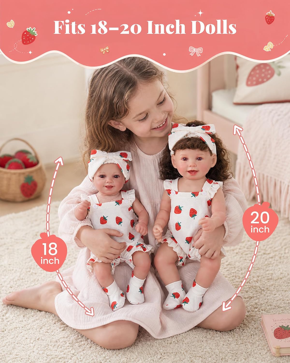 BABESIDE 3 Pcs Reborn Baby Doll Clothes Accessories Strawberry Pattern for 18- 20 Inch Baby Doll Clothes Outfits with Romper, Headband & Socks image 5