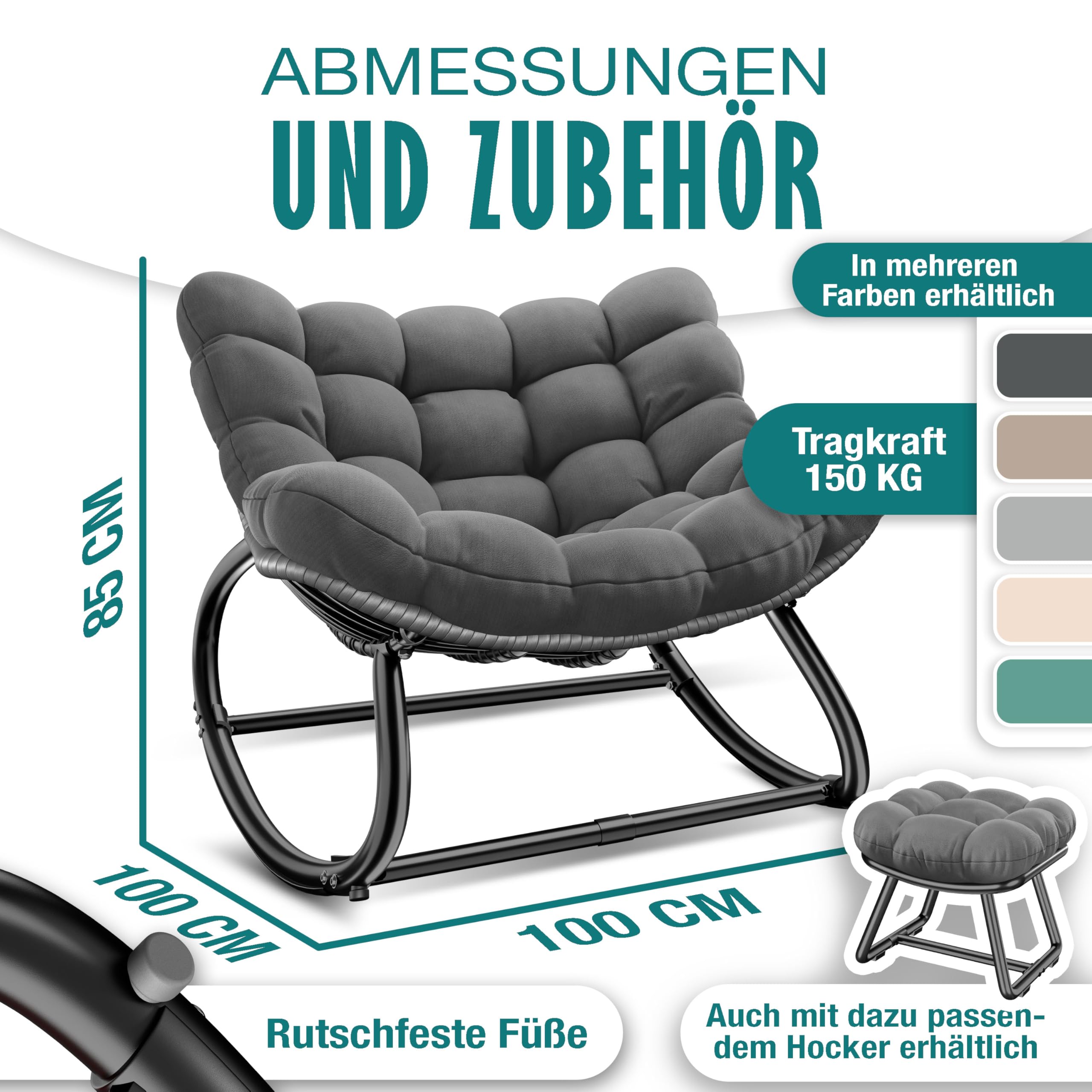 KESSER® Sedia a dondolo XXL per esterni, ergonomica, con imbottitura, per interni ed esterni, per giardino, balcone, sedia da giardino resistente alle intemperie, antiscivolo, fino a 150 kg, antracite