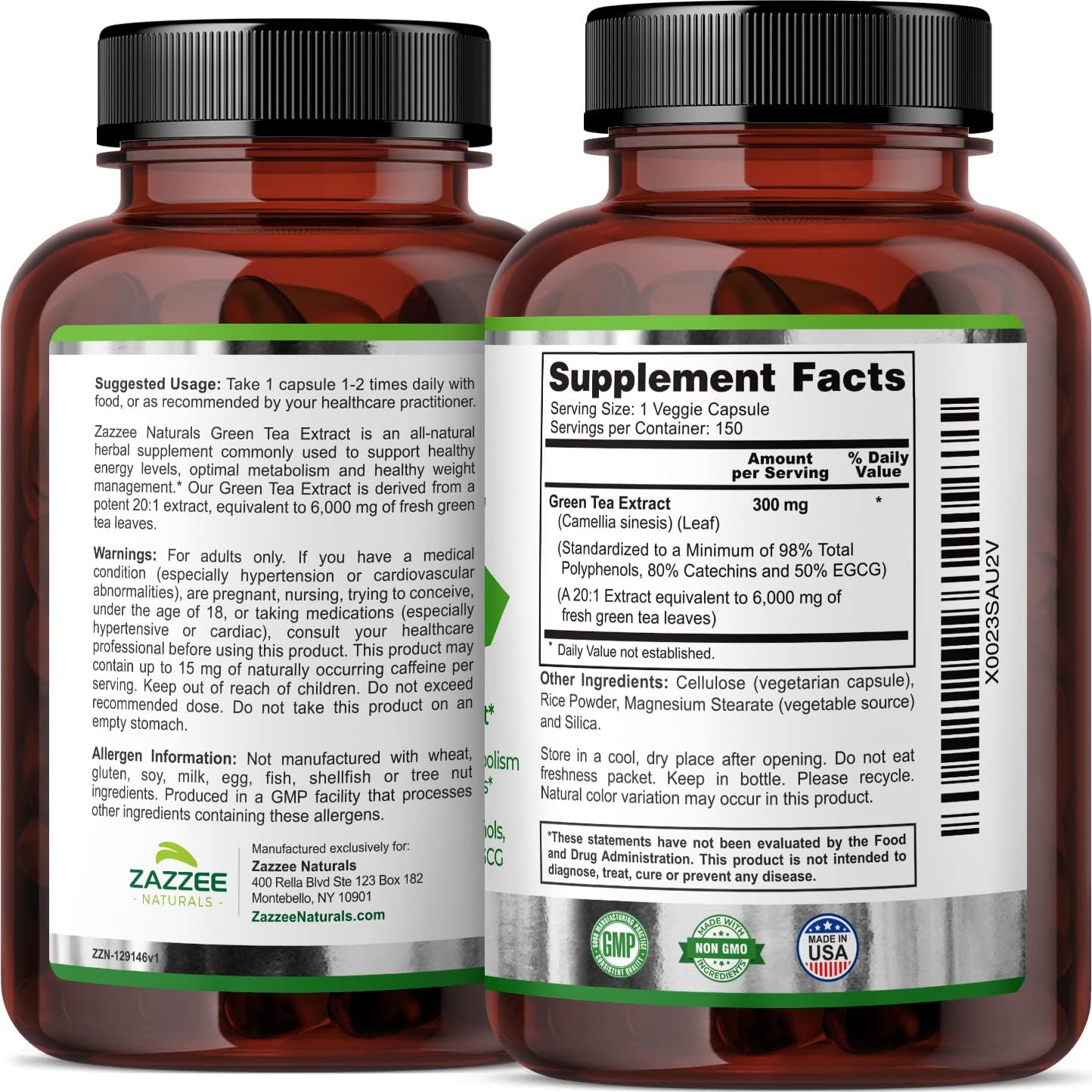 Zazzee Extra Strength Green Tea 20:1 Extract, 6000 mg Strength, 150 Vegan Capsules, 50% EGCG, 98% Polyphenols and 80% Catcehins, Potent 20x Extract, Up to 5 Month Supply, Vegan, All-Natural : Health & Household