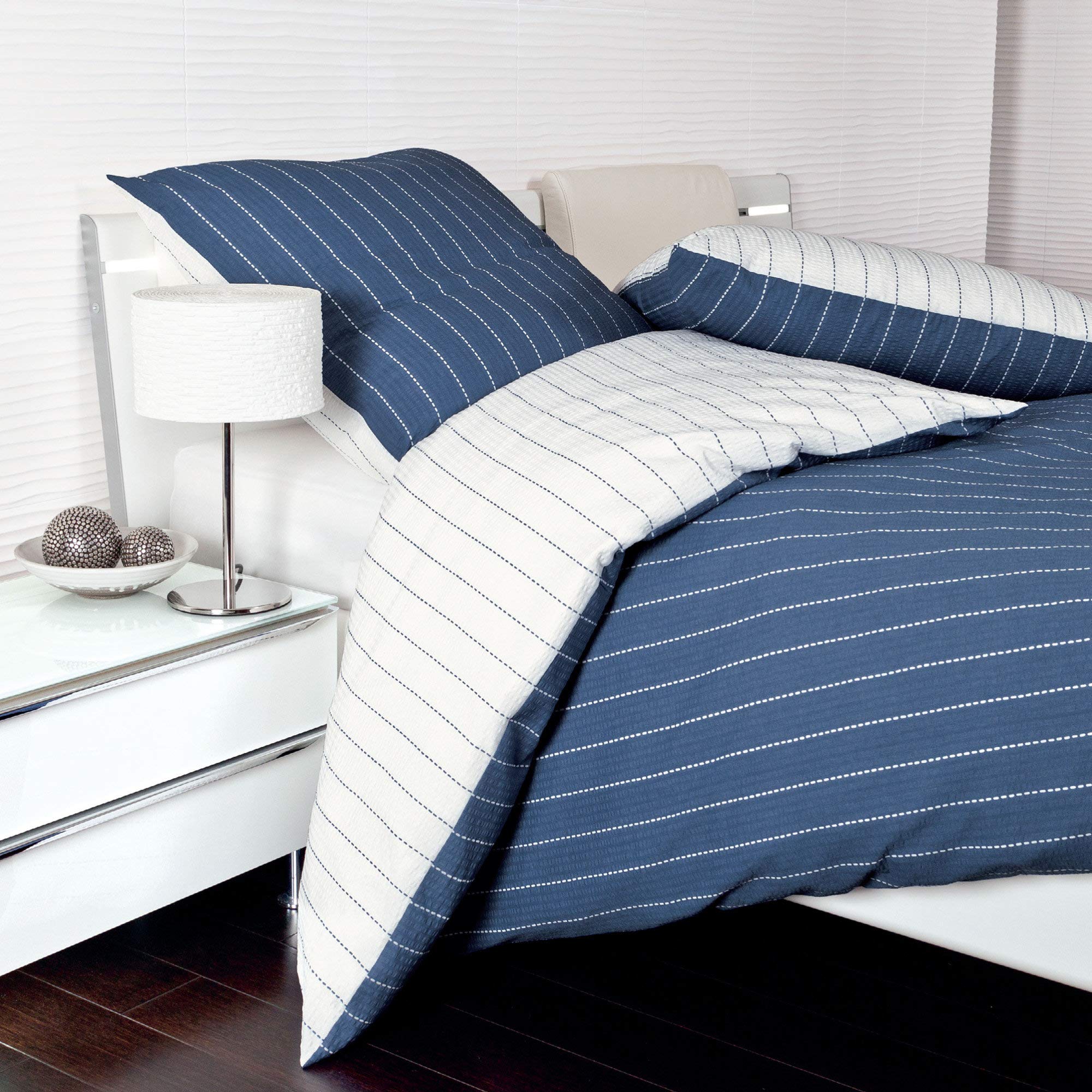 Janine 20020 Tango MAKO Soft Seersucker Biancheria da Letto, 100% Cotone, Blu Denim, 135 x 200 cm + 80 x 80 cm