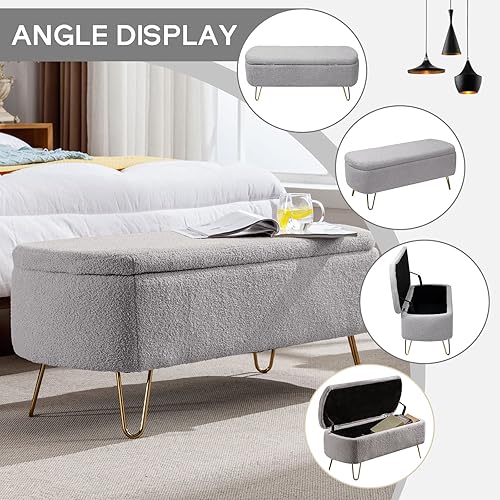Miniatura 4 de Banco otomano de almacenamiento moderno, banco de entrada tapizado con diseño de boucle vintage, banco de pie de cama con patas doradas, banco