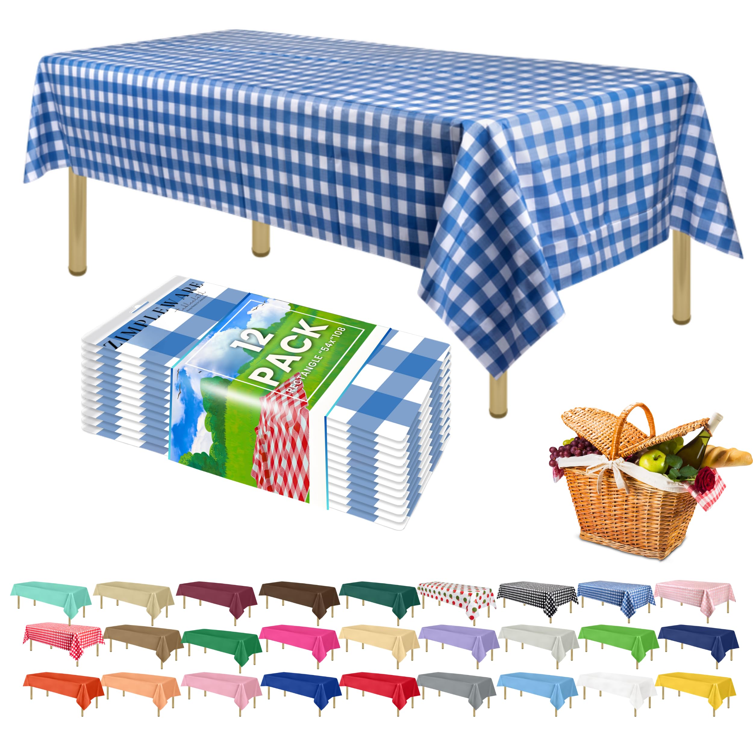 ZIMPLEWARE Premium Blue Gingham Checkered Plastic Table Cloth Disposable (12 Pk) Plastic Tablecloths for Rectangle Tables (54in x 108in) Party Table Cloths Disposable for 6ft to 8ft Rectangle Tables