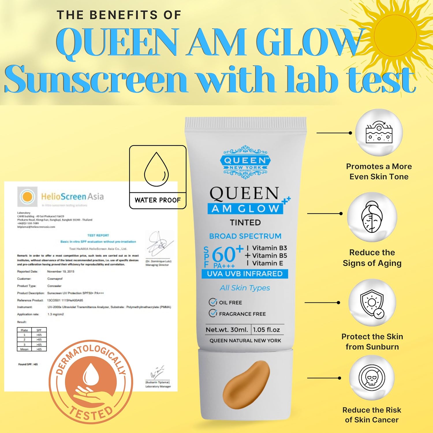 QUEEN AM GLOW | TINTED SunScreen SPF 60 PA+++Primer-Face Moisturizer- Vitamin B3, B5, E- Non-Greasy, Silky Touch-oil free, fragrance free by QUEEN NATURAL NEW YORK (Pack of 2)