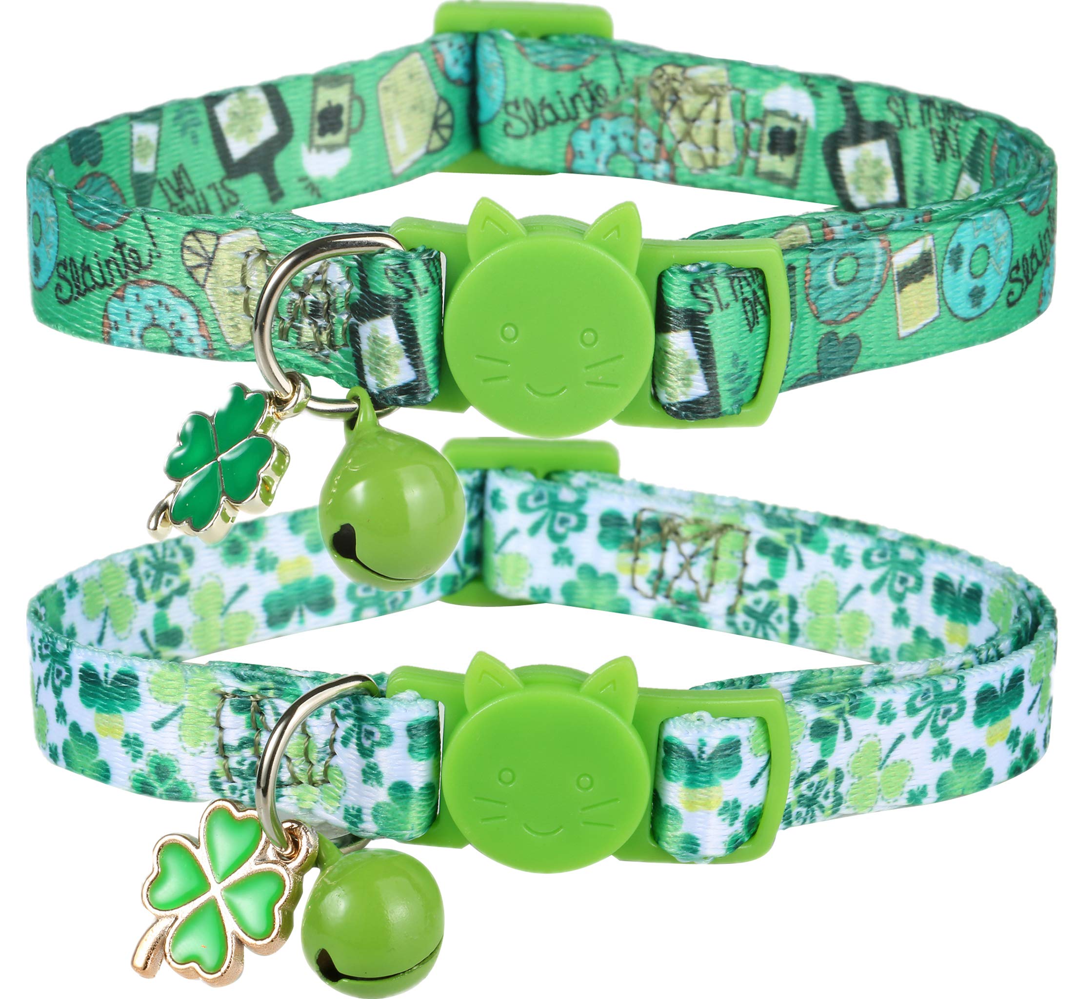 BoomBone Paquete de 2 collares de gato para el día de San Patricio, collares ajustables de seguridad con campana para gatito