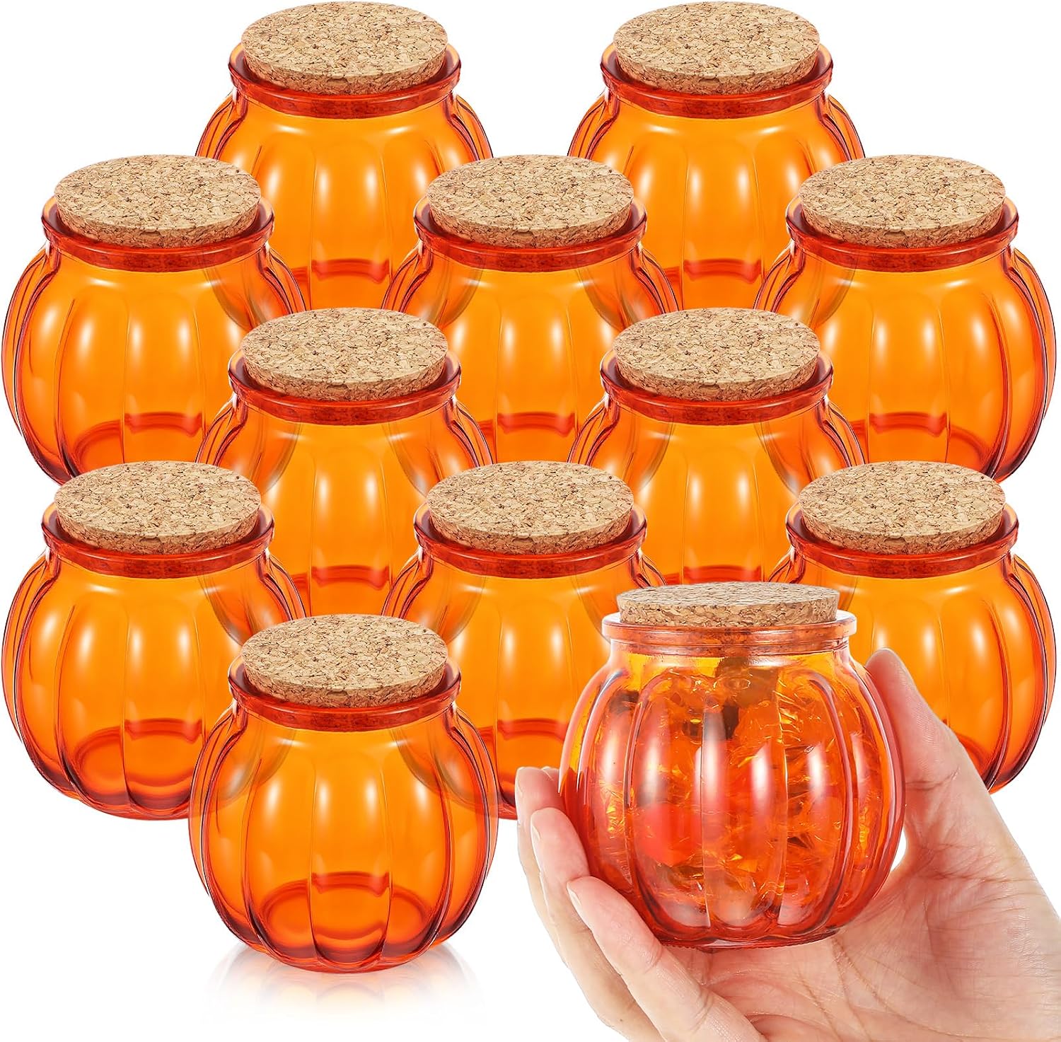 Vesici 12 Pcs Glass Pumpkin Candy Jars with Lid, Halloween Autumn, Orange