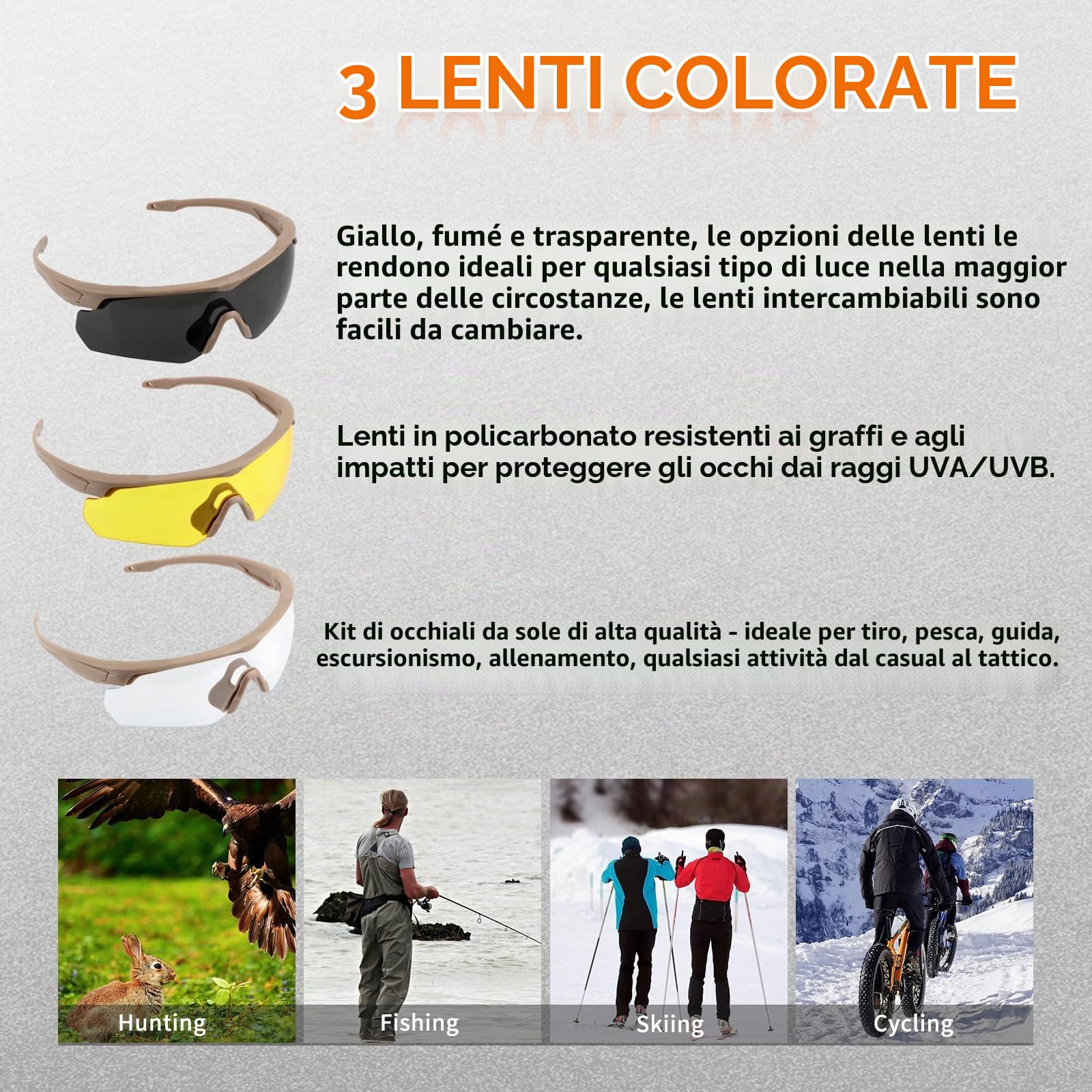 Occhiali Sportivi ANSI Z87.1, Occhiali da Tiro, Occhiali da Sole Antiappannamento con 3 Lenti per Uomo Donna Ciclismo, Escursionismo, Corsa (Cachi)