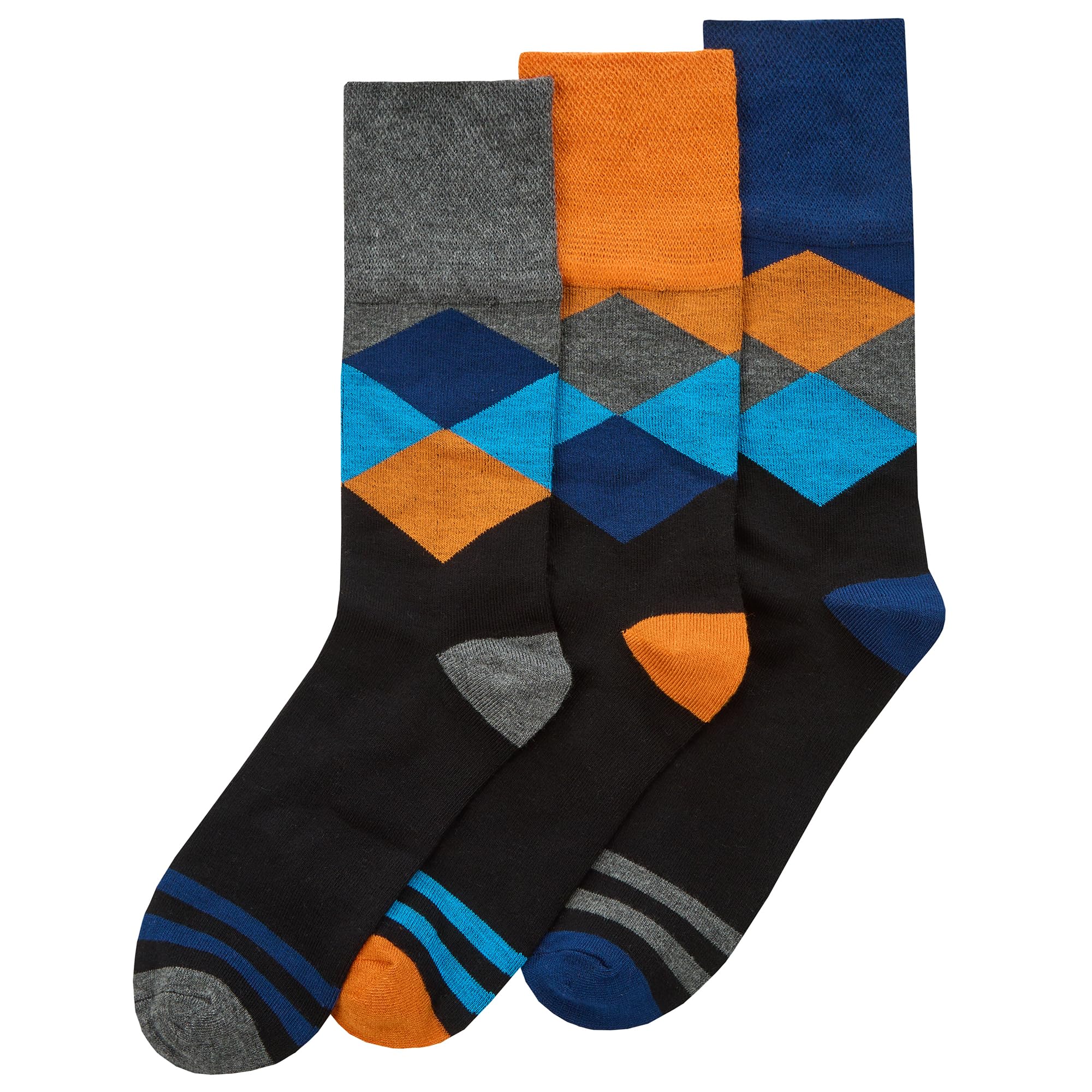 Metzuyan WS-SS24 Mens Bamboo Comfort Fit Mid Calf Socks Diamond Patterned Loose Top Crew Socks Orange UK 6-11