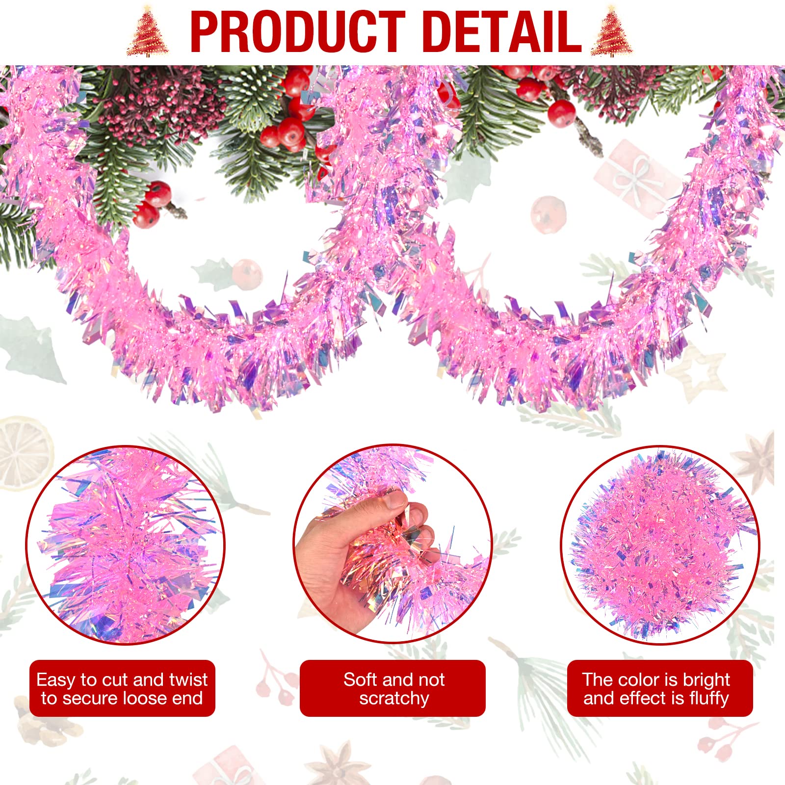 Snapklik.com : 33FT Pink Christmas Tinsel Garland Metallic Tinsel Twist ...