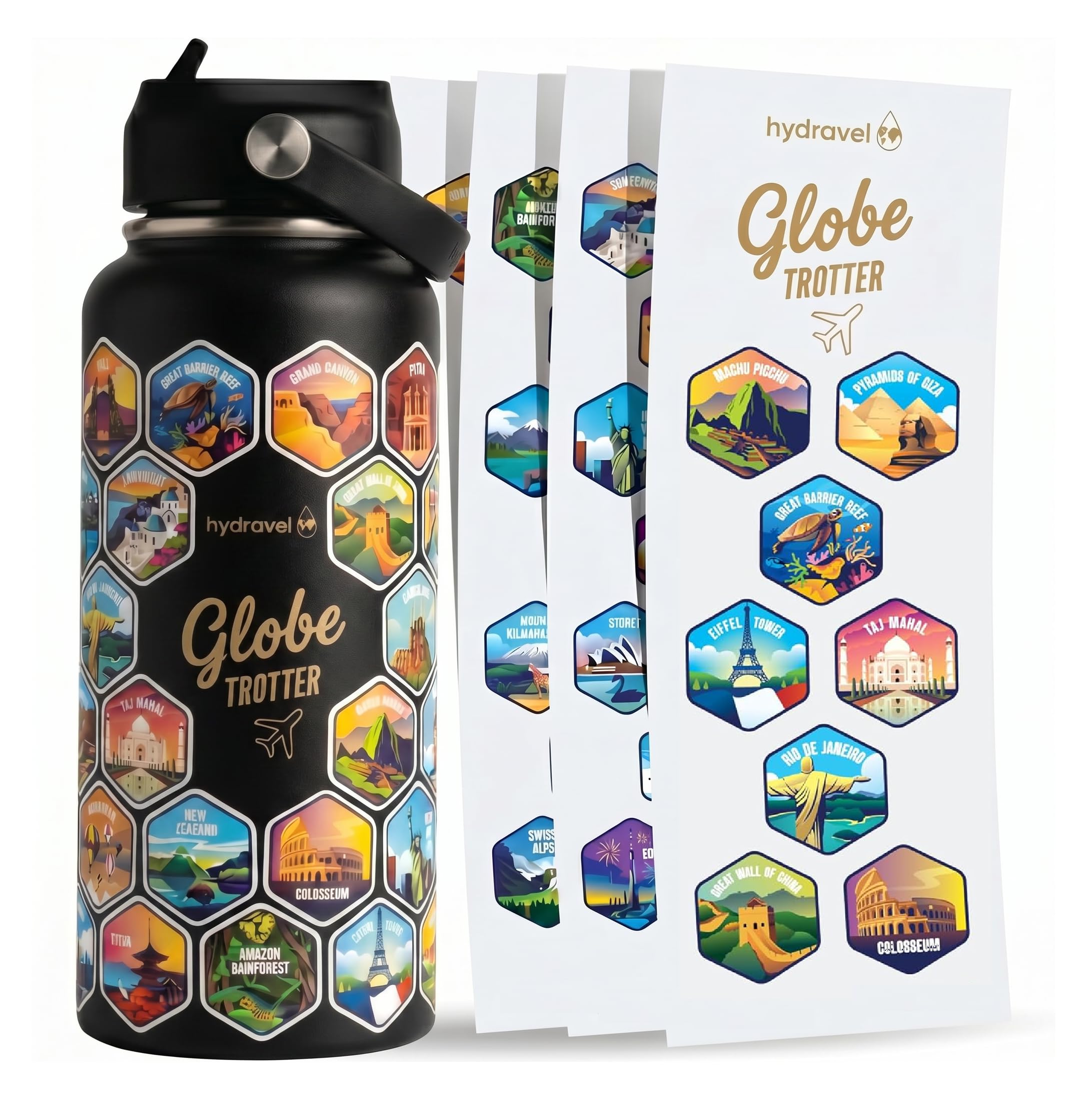 HYDRAVEL - Borraccia Termica GLOBE TROTTER con 50 Adesivi dei Posti più BELLI del Mondo - Ottima Idea Regalo per Viaggiatori - 1 LT, Acciaio Inox, bevande Calde per 12h/Fredde 24h (Nero) - 2