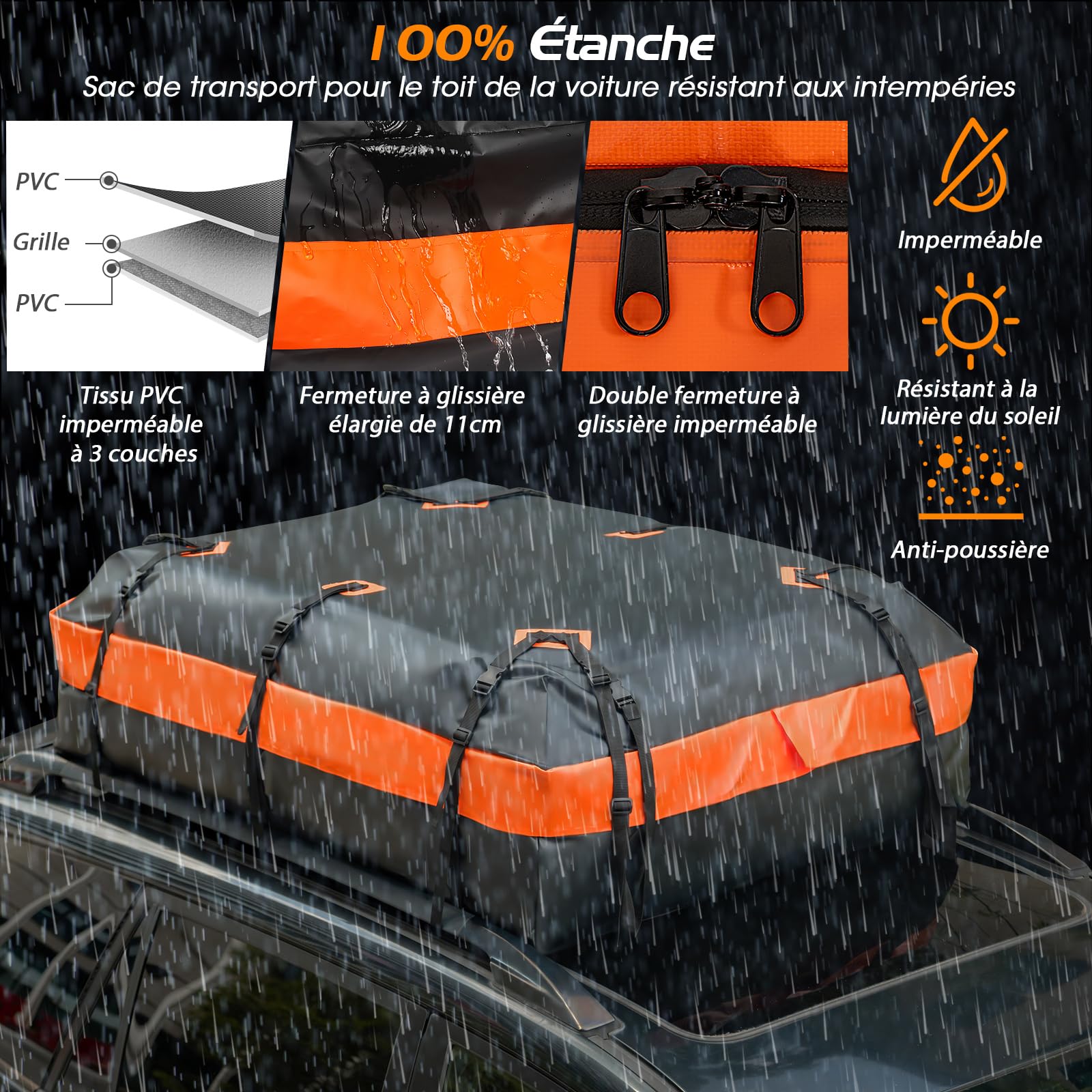 Coffre De Toit Voiture Étanche 410L Pliable - Tissu 600D Indéchirable Avec Sangles Et Crochets - 135x51x51cm