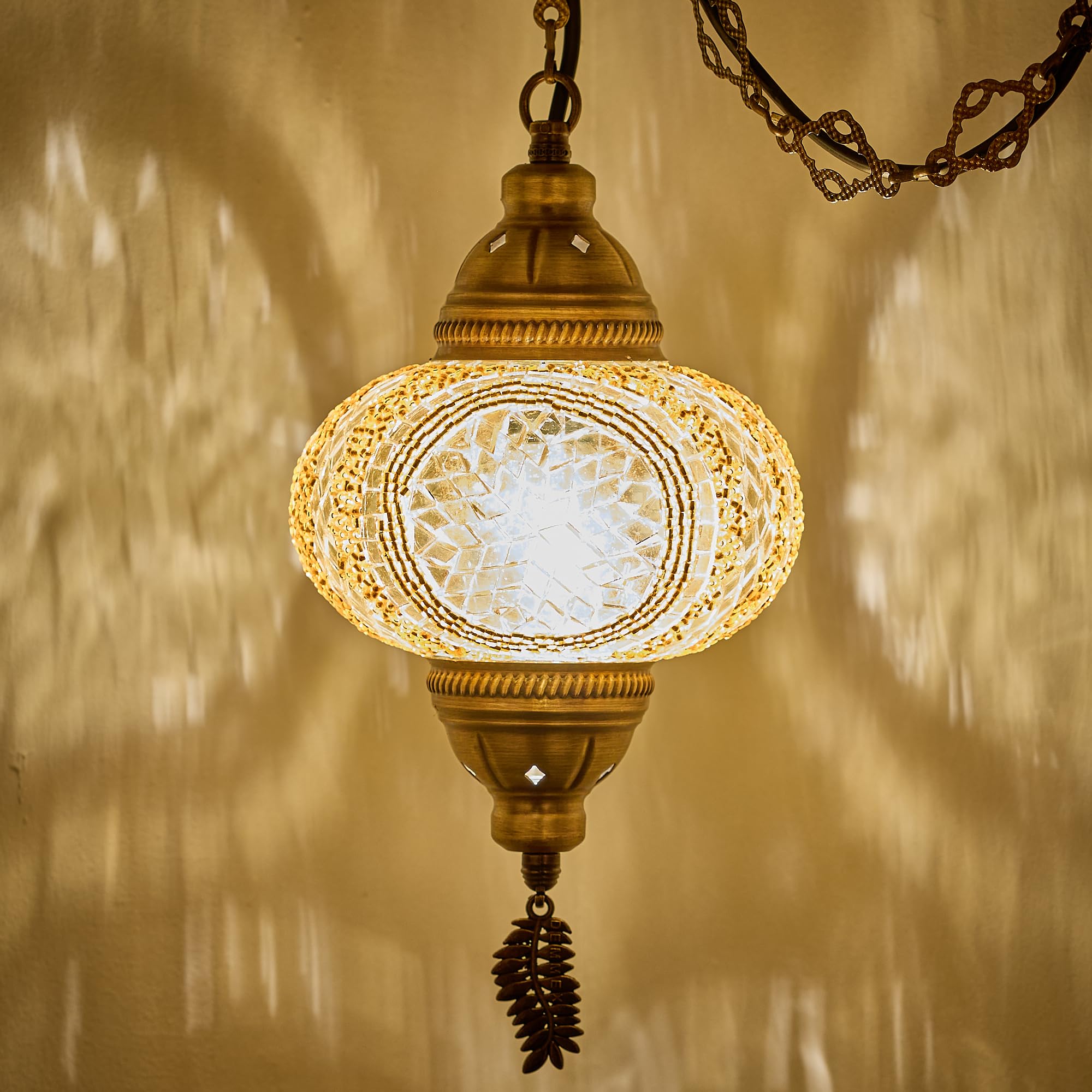 DEMMEX Authentic Turkish Plug in Pendant Light, 6.5" Big Size Globe, Made in Turkey, Turkish Moroccan Mosaic Ceiling Hanging Pendant Light Fixture Lamp, Swag Plug-in with 15ft Cord and Chain