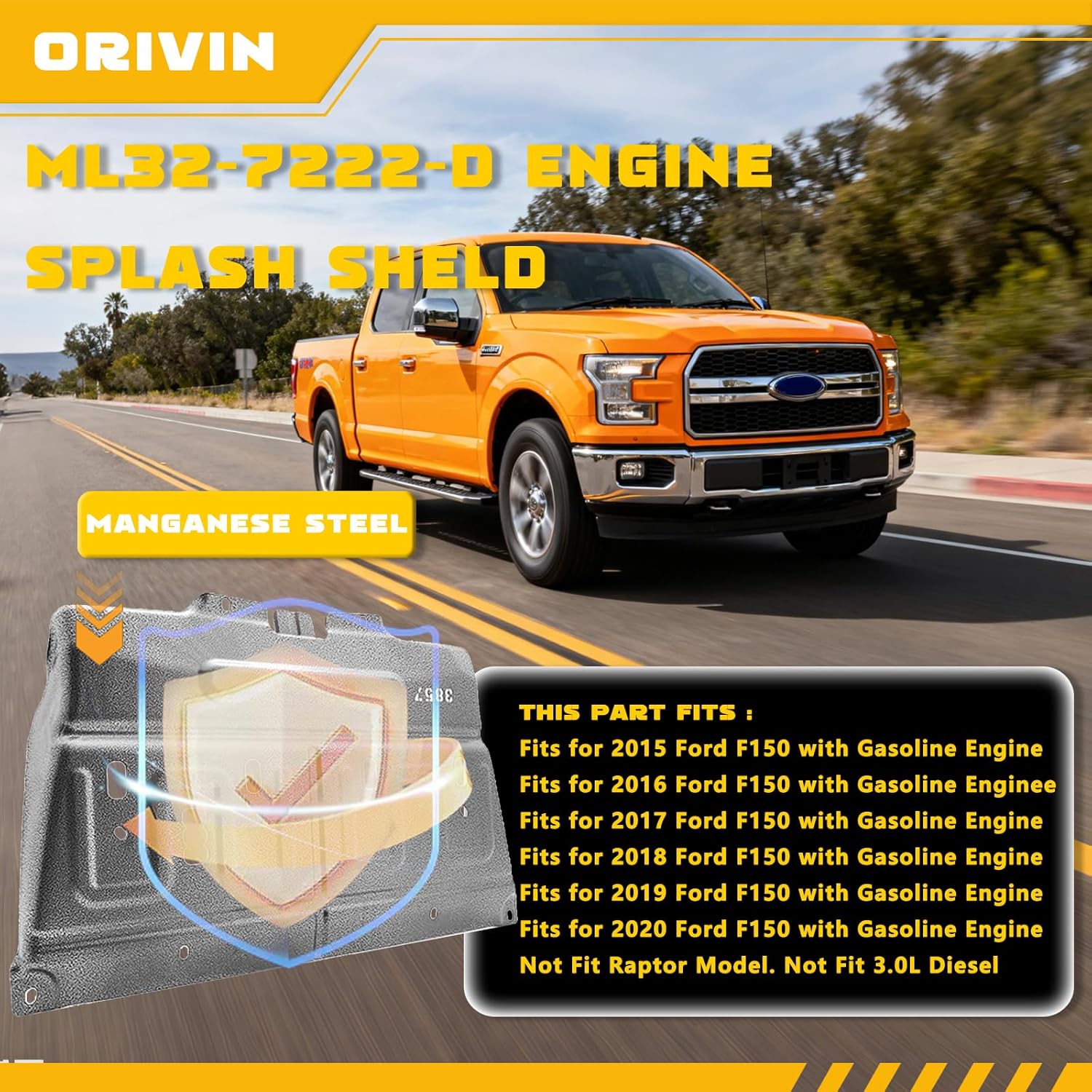 Engine Splash Panel Underbody Shield for Ford F150 2015-2020,ML3Z-7222-D,JL3Z-7222-C