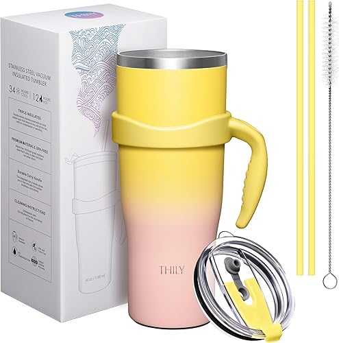 Miniatura 9 de THILY Vaso aislado de 40 onzas con asa, taza de viaje para café de acero inoxidable con tapa y pajitas, mantiene las bebidas frías durante 34 horas