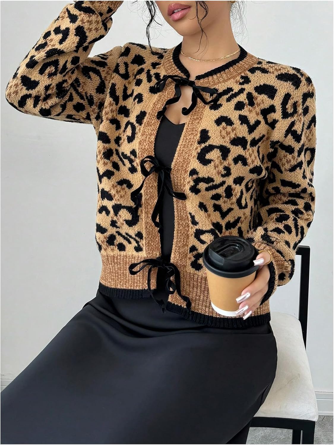 Verdusa Women's Y2K Leopard Print Cardigan Sweaters Streetwear Tie Knot Knit Outerwear - Image 4