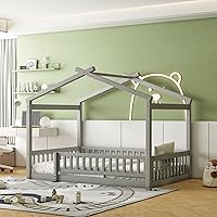 Vista 17 de Merax Cama de tamaño individual de madera estilo casa con valla, marco de cama de madera con techo y barandilla de seguridad para niños, Blanco