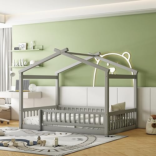 Miniatura 76 de Merax Cama de madera de tamaño individual con dos cajones, marco de cama de madera con techo para niños, adolescentes, niños o niñas, gris