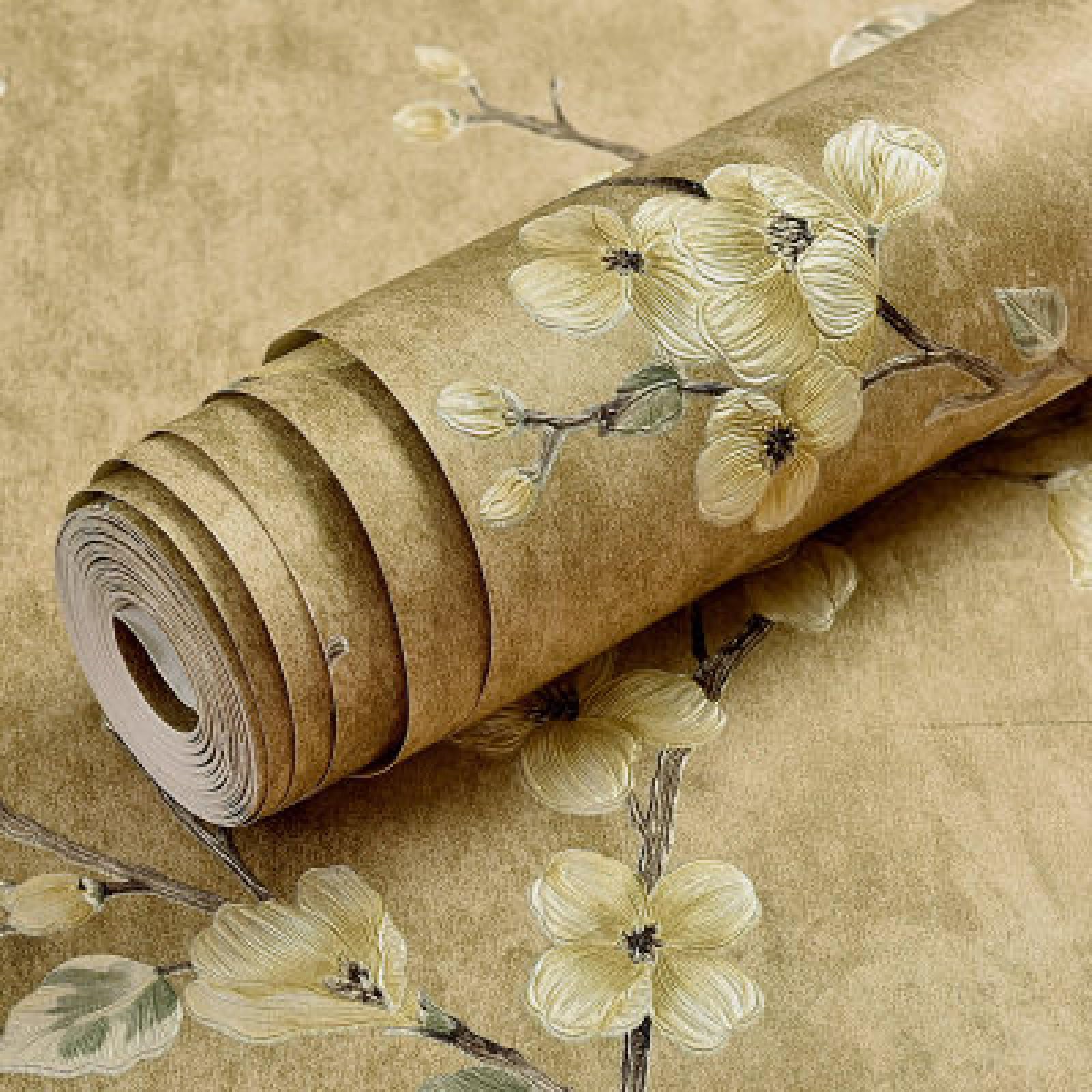 Samoprzylepna tapeta w stylu retro, żółte kwiaty, 53 x 300 cm, 3 rolki, folia samoprzylepna, winylowa, samoprzylepna, wodoodporna, tapeta do salonu, tapeta ze wzorem, tapeta do sypialni