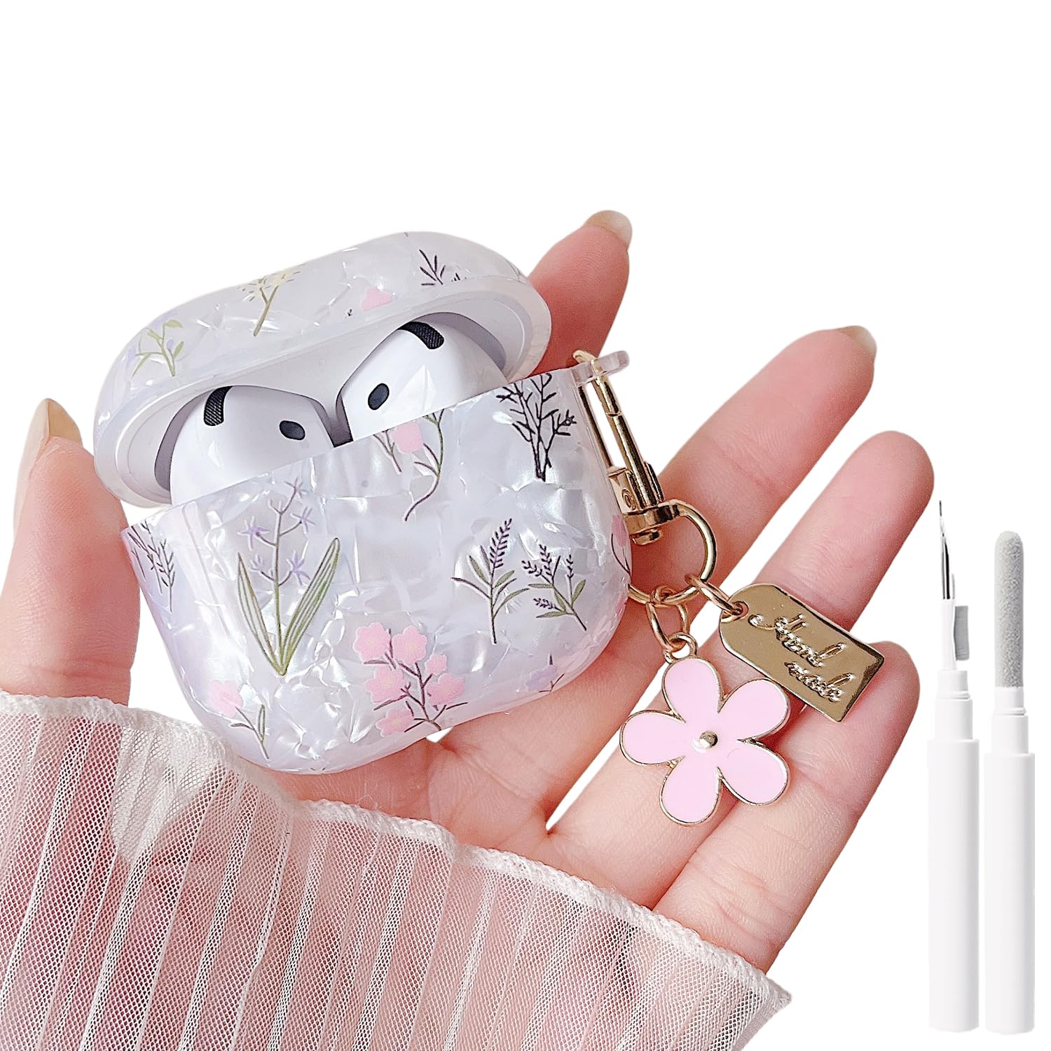 MINSCOSE for Cute Glitter AirPods 4 Case,Shell Pattern Pretty Flower Design with Trendy Floral Keychain,Soft TPU Protective Cover with Cleaner Kit for Girls Women for AirPods 4-Colorful