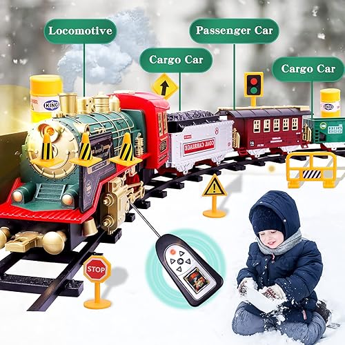 Miniatura 5 de Juego de trenes de control remoto, juegos de trenes de Navidad para debajo del árbol, motor de locomotora de vapor con humos, sonidos y luz, juguete