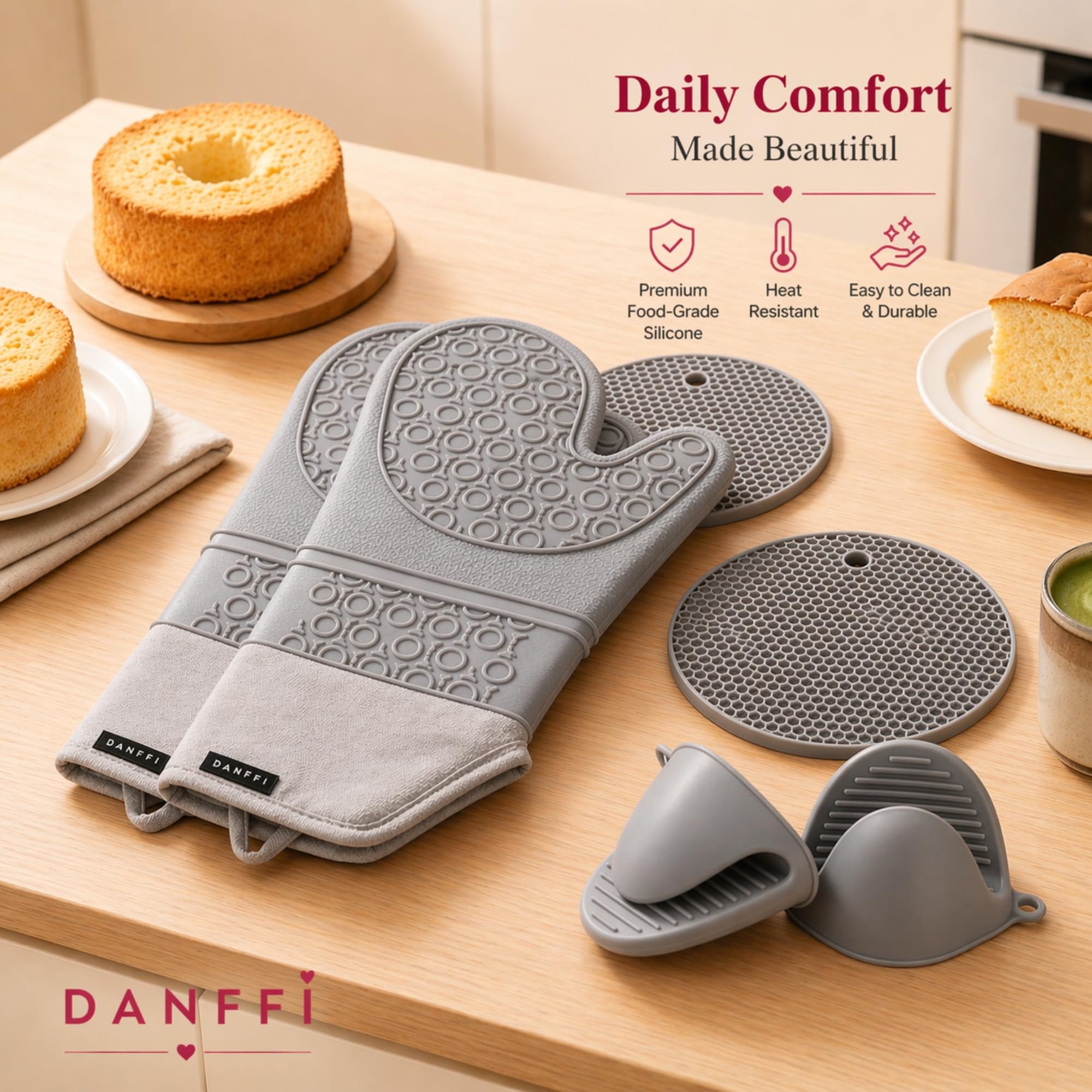 Juego de guantes de horno de silicona y soportes para ollas, guantes de cocina resistentes al calor, agarre texturizado antideslizante, silicona flexible con forro de algodón suave (6 piezas