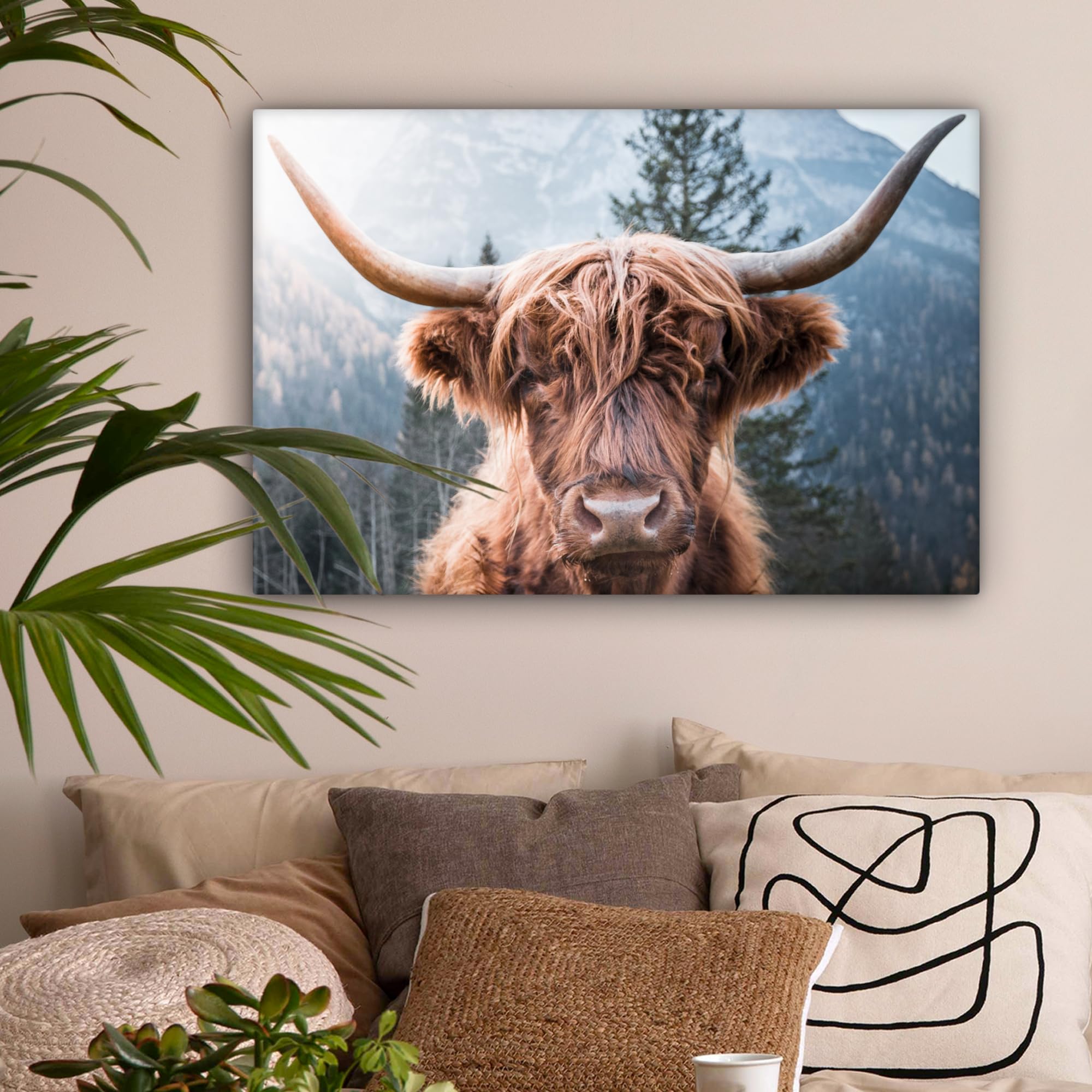 MuchoWow Leinwand Bilder, Einzigartige Wanddeko mit Rahmen, Schottischer Highlander - Berge - Porträt, Wandbilder Wohnzimmer, Deko Schlafzimmer 150x100 cm