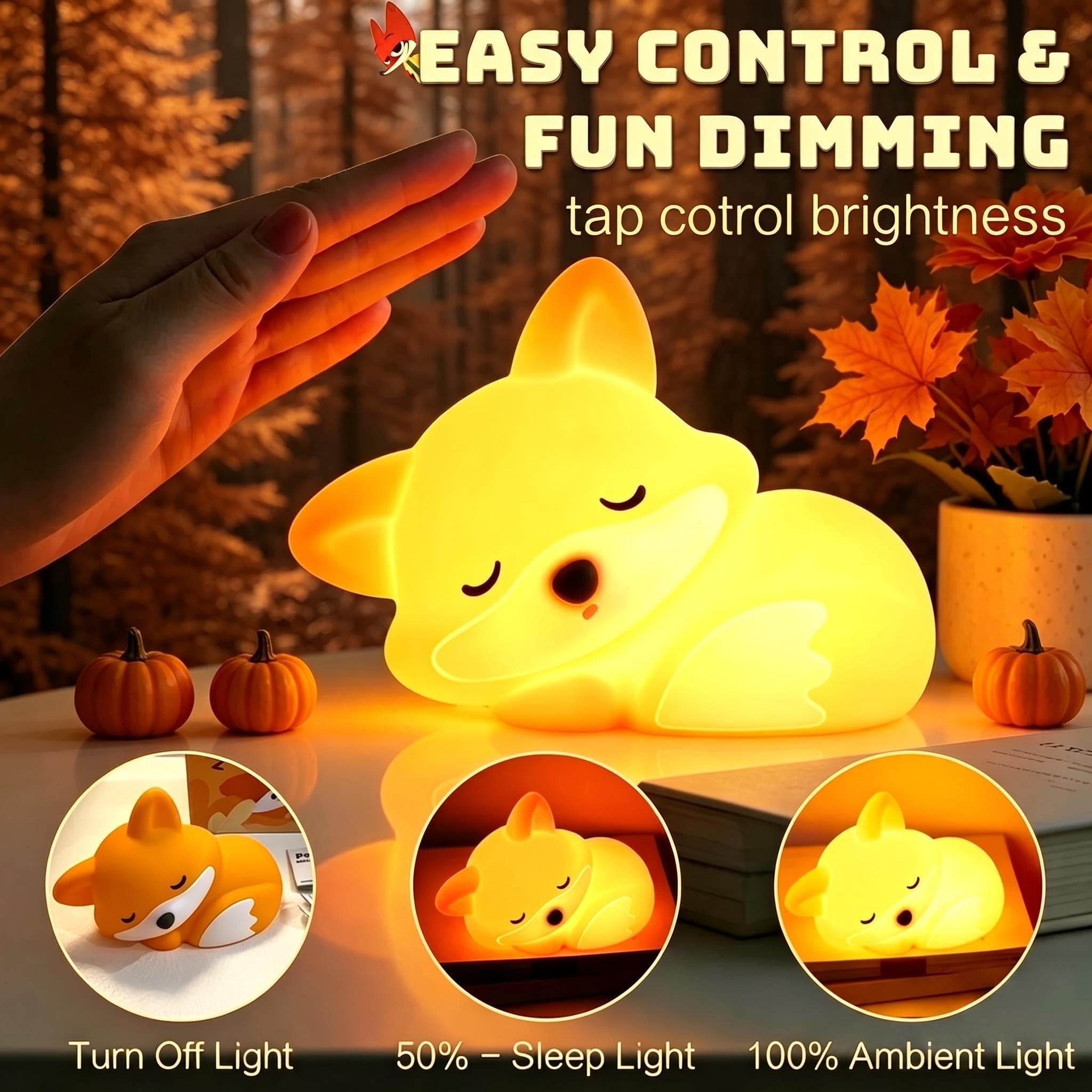 YR YRHH-PET Süßes Fuchs-Geschenk Nachtlicht, lustige Fuchslampe, wiederaufladbar, Squishy, dimmbar, seltsames Nachtlicht, LED-Neuheit, Tier, niedliches Zeug, Raum-Dekor, Silikon-Touch, Fuchs für Baby
