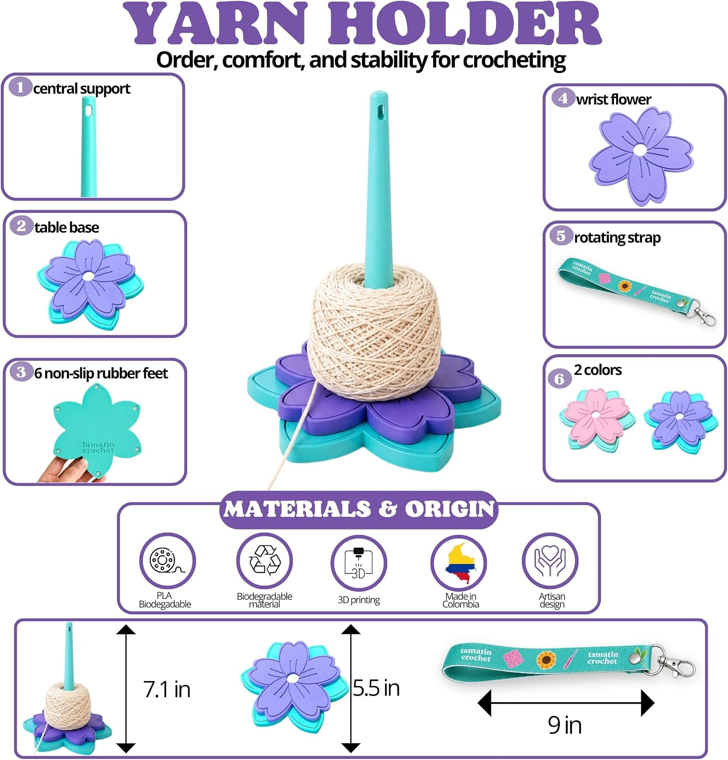Yarn Holder for Crocheting - 2-in-1 Portable Wrist Holder with Non-Slip Base - Detachable Crochet Knitting Accessory, Stitch Markers Included (Purple)