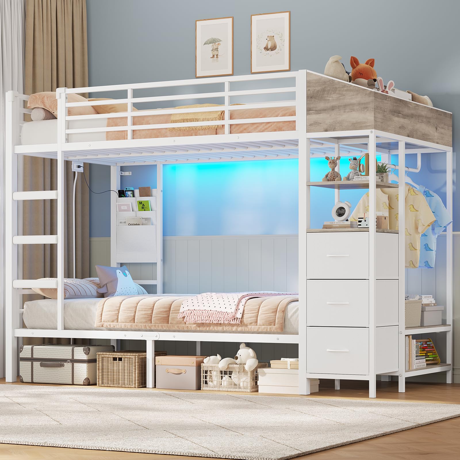 Hochbett 90x200 Jugendbett mit Treppe und Rausfallschutz Bunk Bed mit LED Beleuchtung und Ladestation Modernes Etagenbett mit Garderobenständer und Stauraum für Kinder Jugendliche und Erwachsene