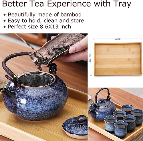 Miniatura 5 de Juego de 6 teteras japonesas de porcelana de 40 onzas con infusor y 6 tazas, ribete dorado y juego de tetera de cerámica de estilo tradicional azul