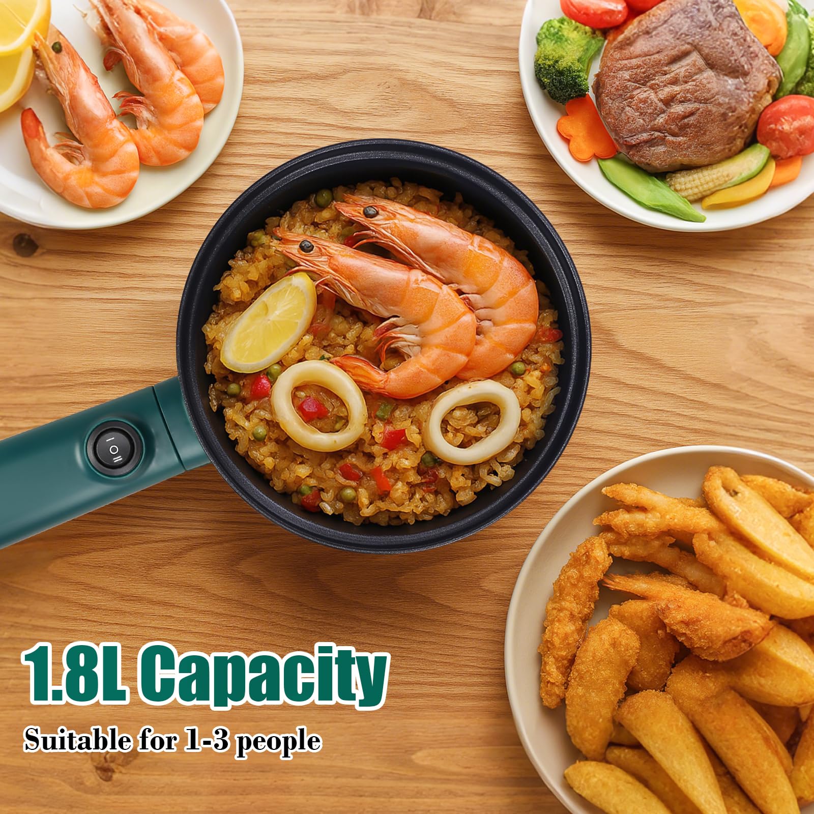 Olla eléctrica, olla de ramen de 1.8 L, cocina portátil, sartén antiadherente, olla eléctrica para pasta, huevo, filete, protección contra sobrecalentamiento, control de potencia dual 3