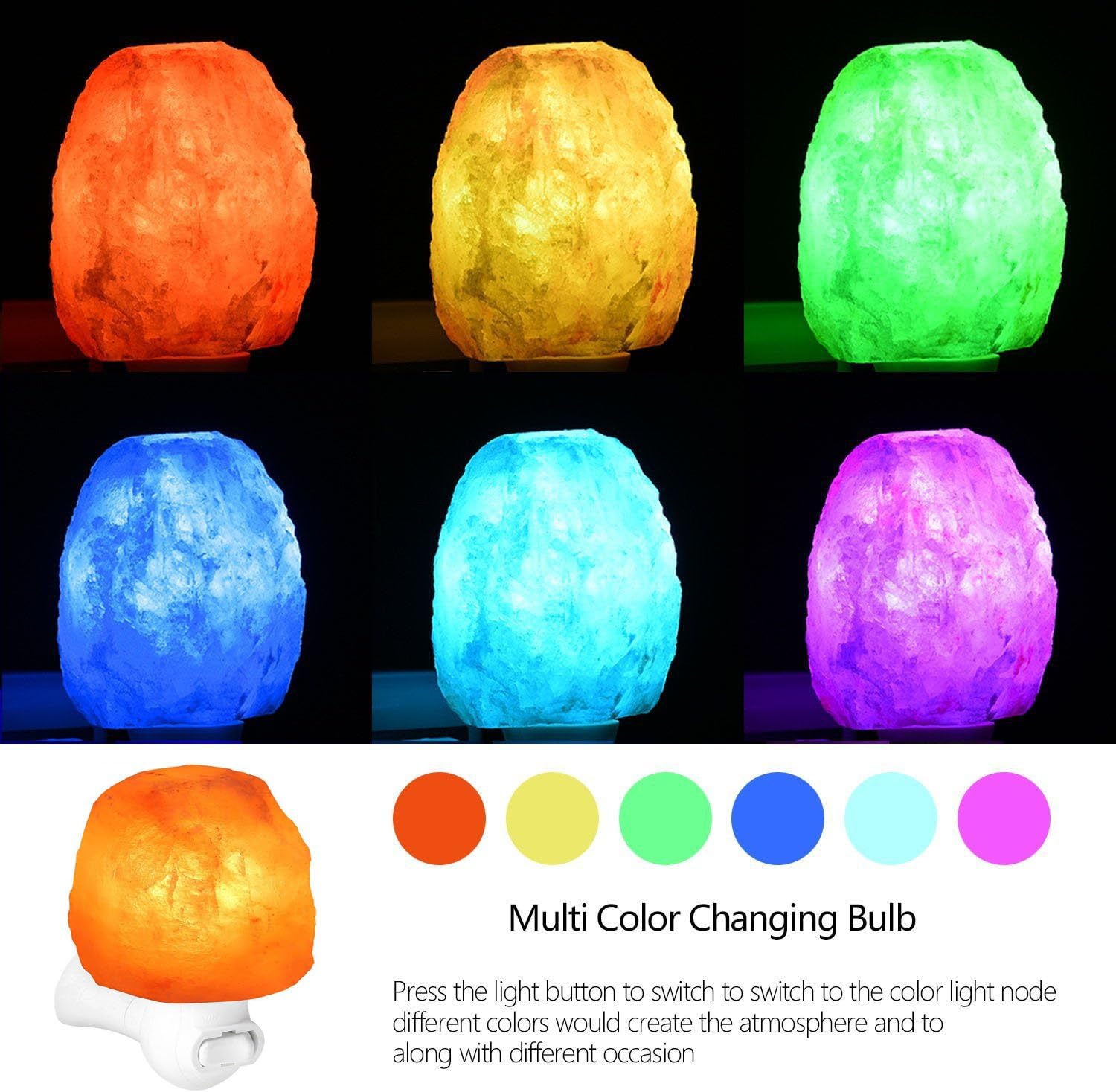 Salt Lamp,Natural Himalayan Crystal Rock Salt Light, Mini Hand Carved Night Light with UL-Approved Wall Plug and Multi Color LED Changing Bulb for Home, Bedroom, Air Purifying Natural