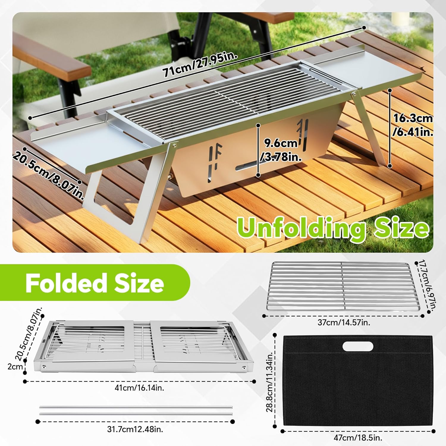 Foldable Small Charcoal Grill, Portable Stainless Steel Charcoal Grill, Tabletop Yakitori Grill for Outdoor Cooking, Travel Camping, BBQ, Tailgating, Picnics, High-Temp Resistant for 2-3 People