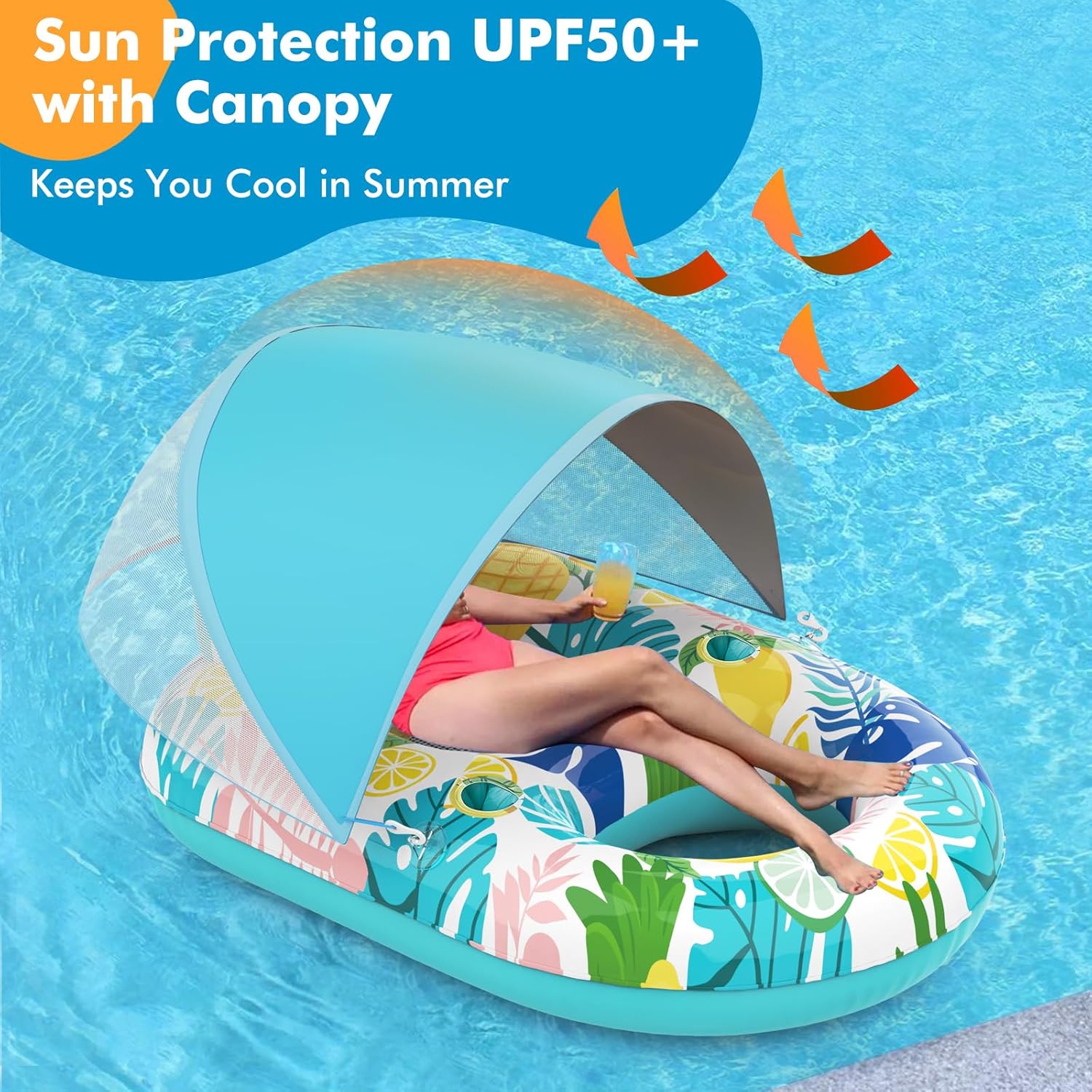 Inflatable Pool Floats Adult with Canopy, XL Pool Chair Lounge Float Raft Heavy Duty with Sun Shade, Cup Holders, Water Pool Floaties for Women, Swimming Pool Floats for Lake, Beach