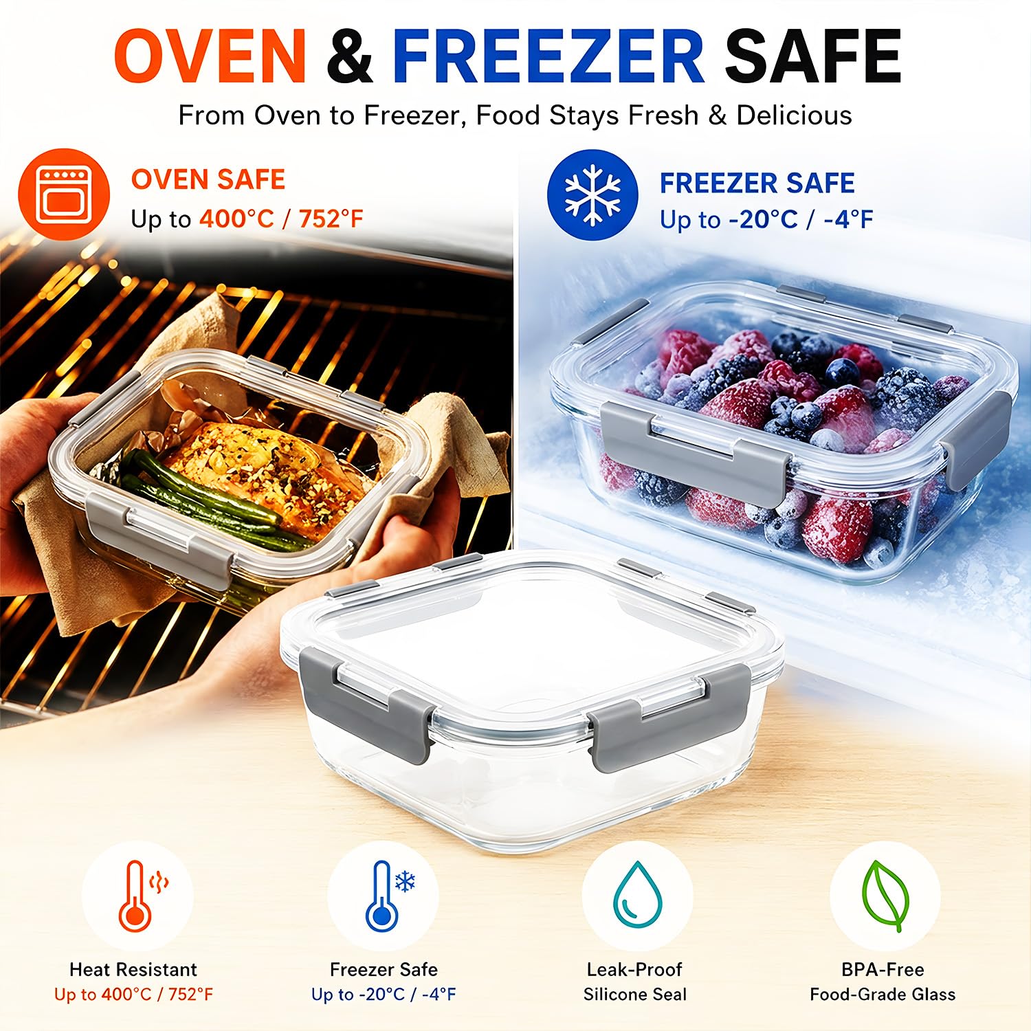 Confezione da 12 contenitori per alimenti in vetro con coperchio, contenitori ermetici in borosilicato, senza BPA, per forno a microonde e lavastoviglie, contenitori per pranzo e pranzo