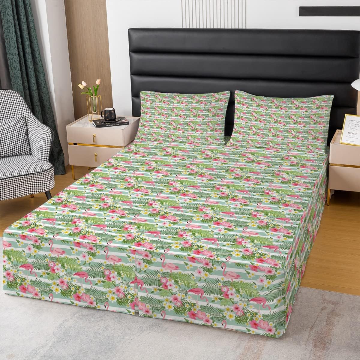 Feelyou Flamingos Sheet & Wrap Around Bed Skirt for Kids Boys Girls 14 Inch Drop Tropical Animals Dust Ruffle Bedskirt Palm Leaves Pleated Bed Skirt for Queen Bed with Split Corners