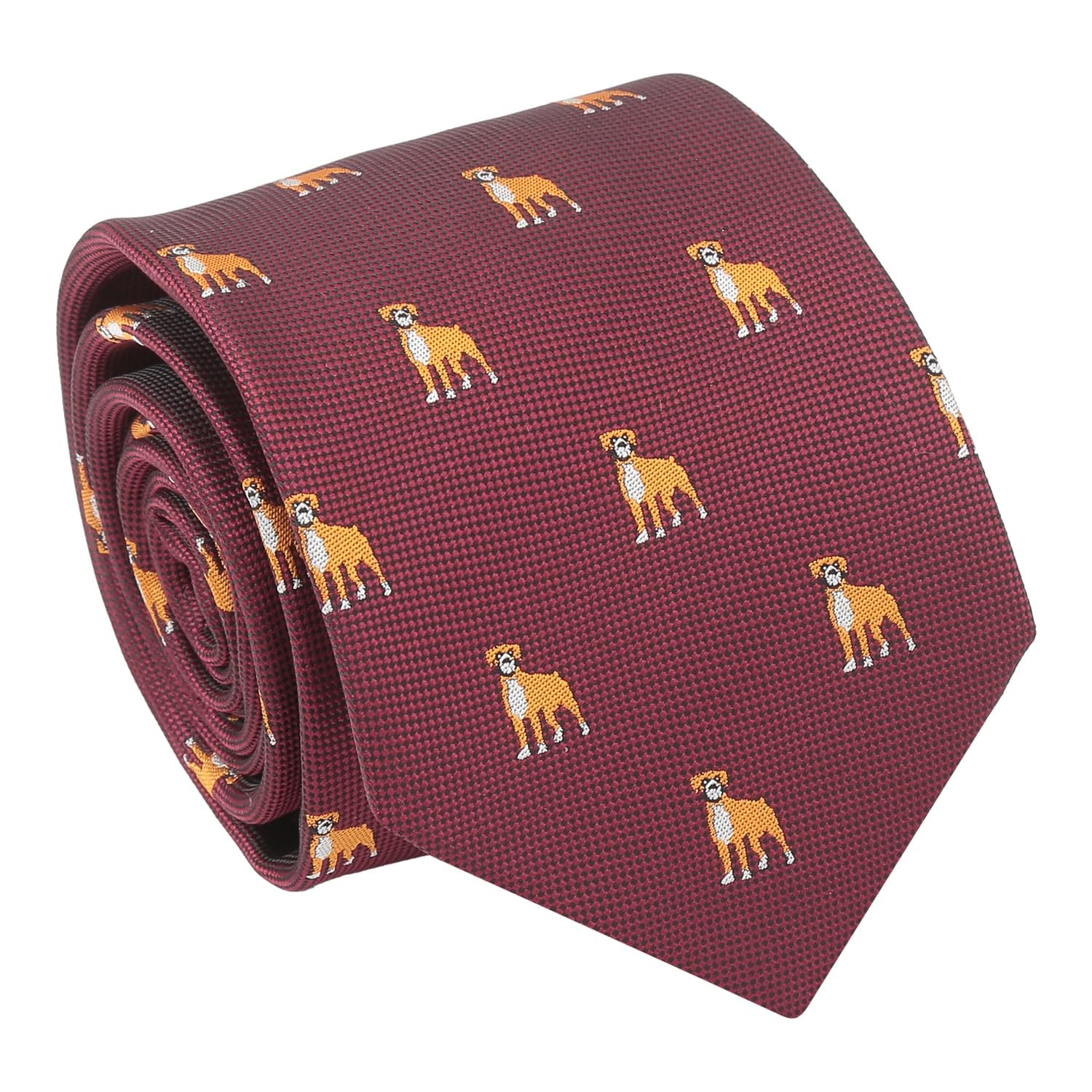 Dqt Men's Burgundy Boxer Embroidered Dog Design Novelty Classic Tie (Burgundy Boxer)