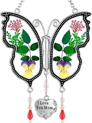 Atrapasueños de mariposa con diseño de vitrales I Love You Mom, decoración de pared con adornos para ventanas, con alas de flores prensadas