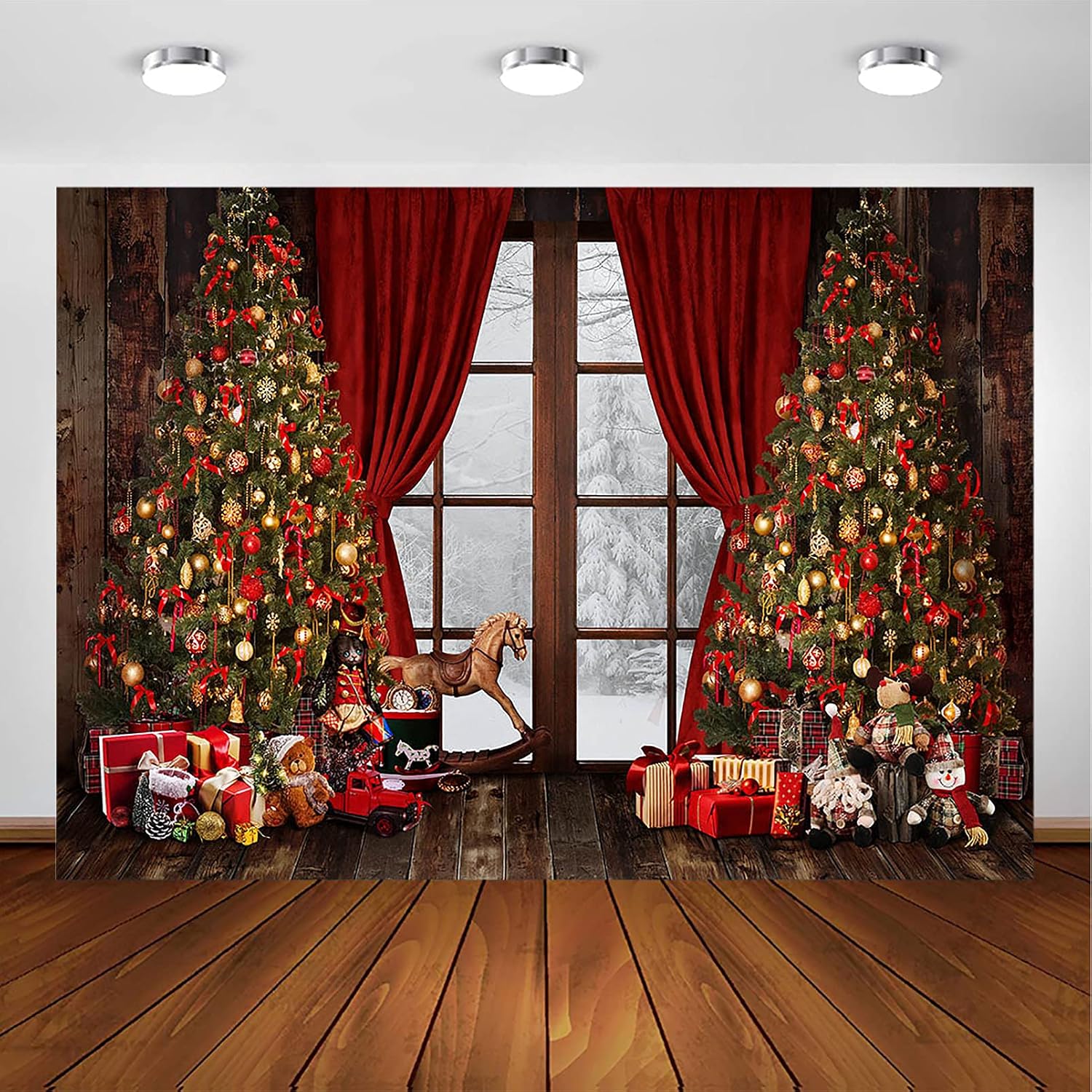 Avezano Christmas Photography Backdrops Rustic Wood Window Photo Backdrop Winter Snow Scene Holiday Decorations Xmas Tree Gift Background for Photo Booth Photoshoot (8x6ft)