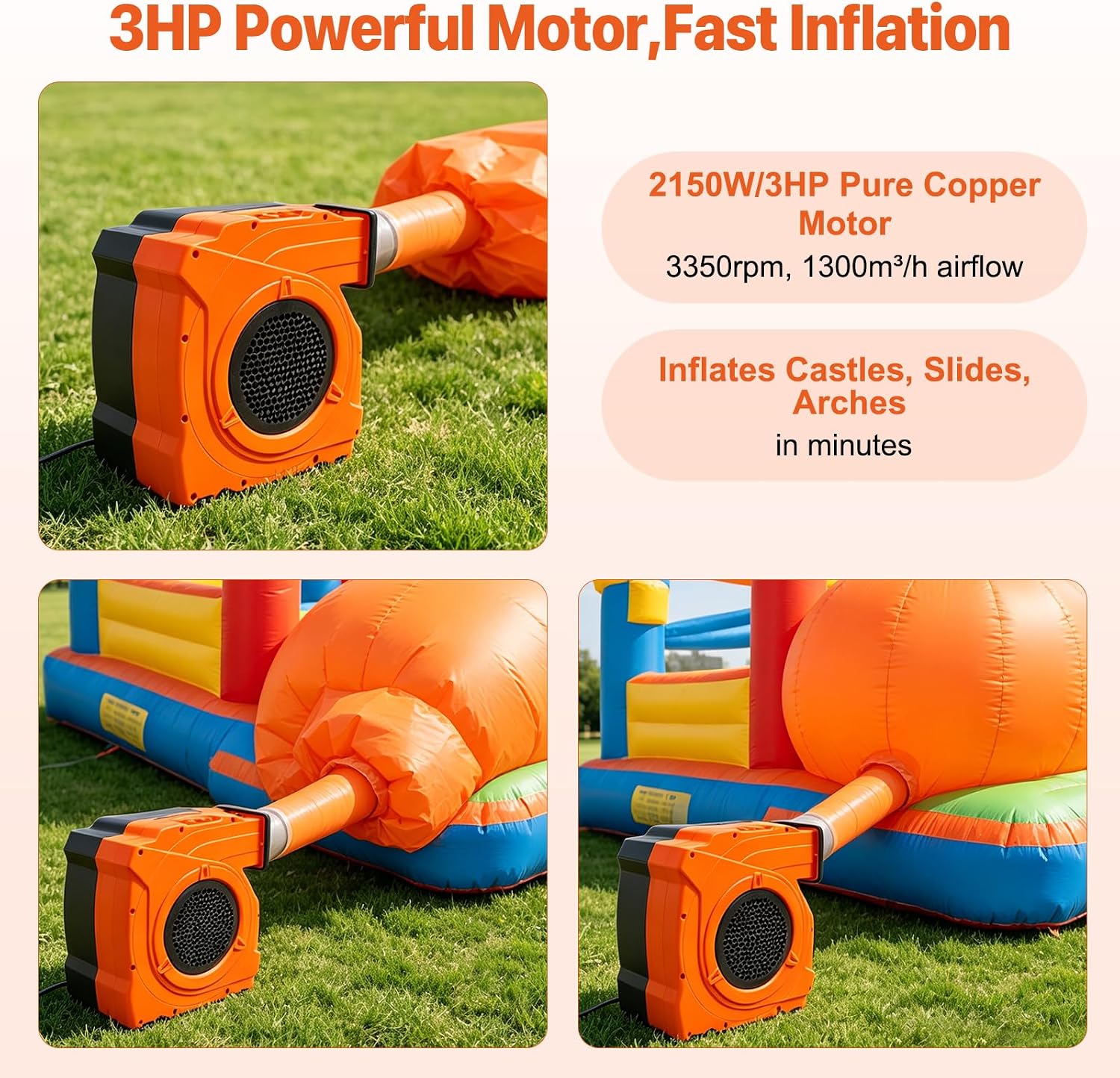 Air Supply, 3 Hp Commercial Air Blower, Portable Handle, 3hp Commercial Inflatable Bounce House Blower, Cyclone Pool Line Blower, for Inflatable Paint Booths, Outdoor Inflatable Bounce Houses