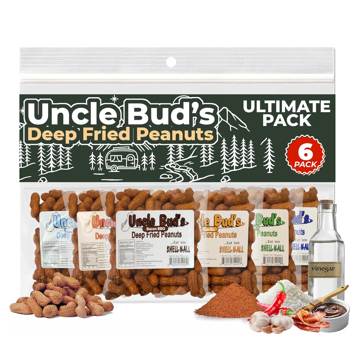 Uncle Bud's Deep Fried Peanuts In Shell (6 Pack) | Flavored Mixed Nuts in Shell | Includes Cajun, Salt and Vinegar, Old Bay, Spicy Peanuts | High-Protein Snacks | Ideal for Parties & Gourmet Treats