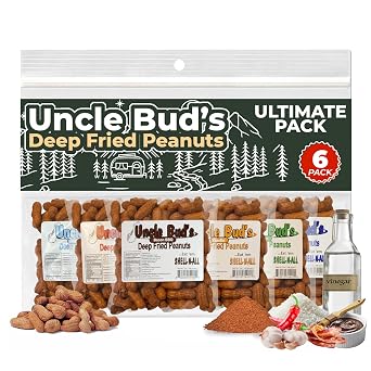 Uncle Buds Deep Fried Peanuts In Shell 6 Pack | Flavored Mixed Nuts in Shell | Includes Cajun, Salt and Vinegar, Old Bay, Spicy Peanuts | High-Protein Snacks | Ideal for Parties & Gourmet Treats