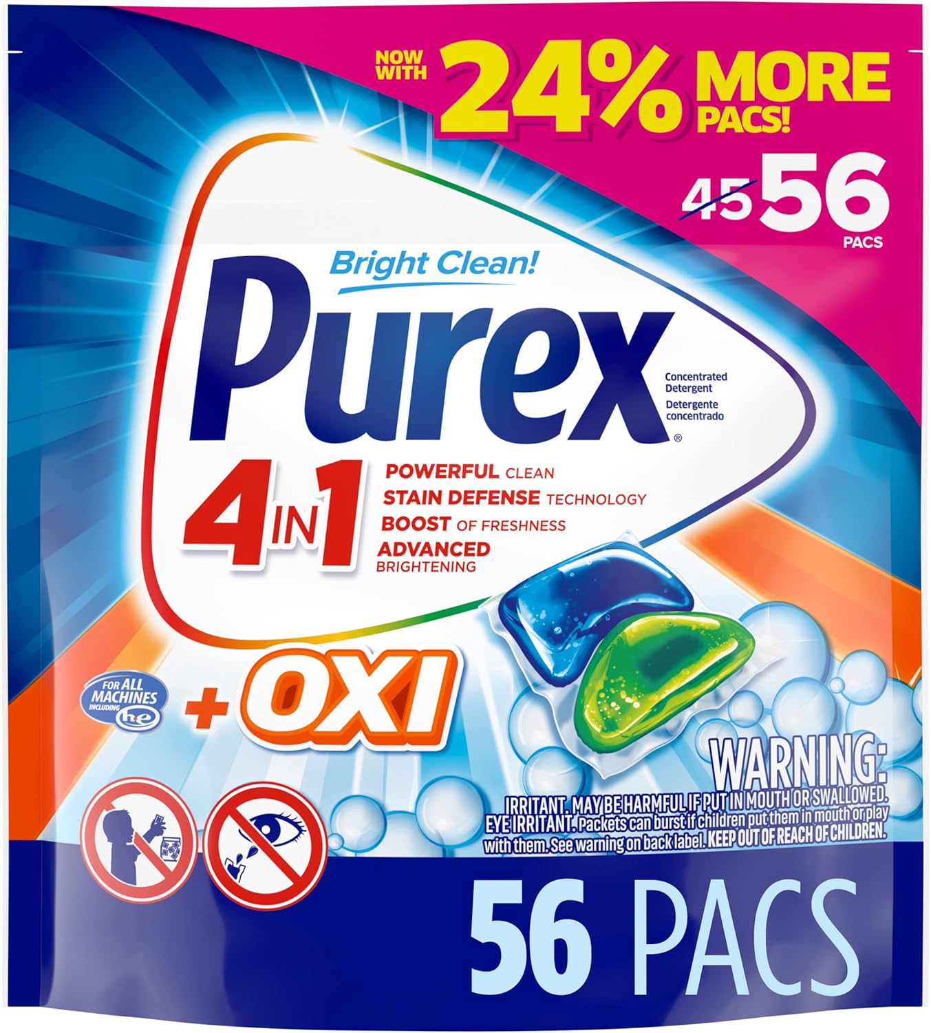 Purex 4in1 + OXI Laundry Detergent Pacs, Fresh Morning