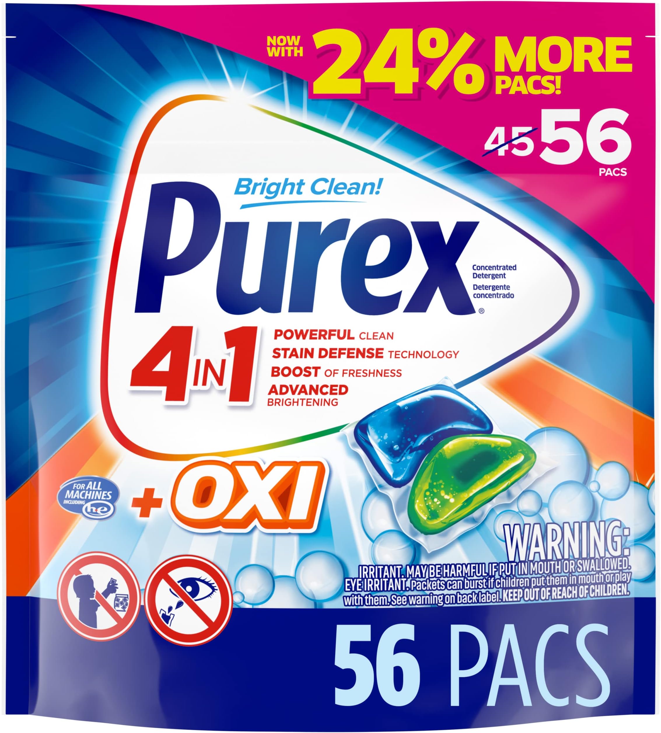 4-in-1 + OXI Laundry Detergent Pacs, Fresh Morning Burst, 56 Count