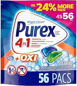 Purex 4-in-1 + OXI Laundry Detergent Pacs, Fresh Morning Burst, 56 Count