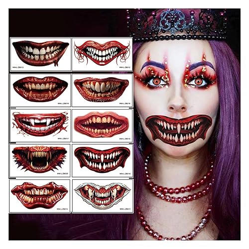 Maquillaje de broma de Halloween, tatuaje temporal, tatuaje de cara de boca grande aterradora, herida de cicatriz, sangrado de sangre para niños,