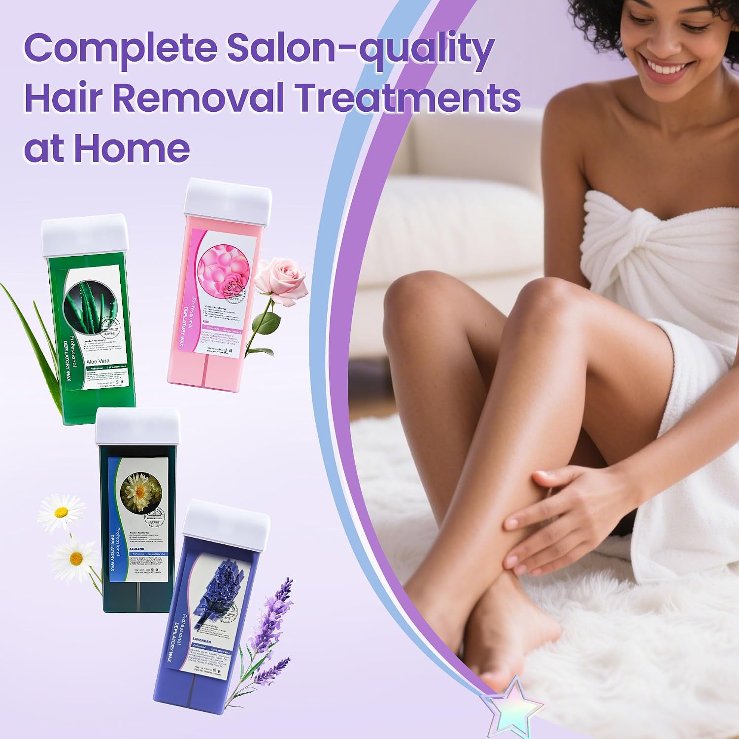 Roll on Wax Hair Removal, Wax Refill, Soft Wax Roller Cartridge, Sticky, For Larger Areas of the Body for Professional or Home Uses 4 Pack 100g/3.527oz with 10 Oil Wipes