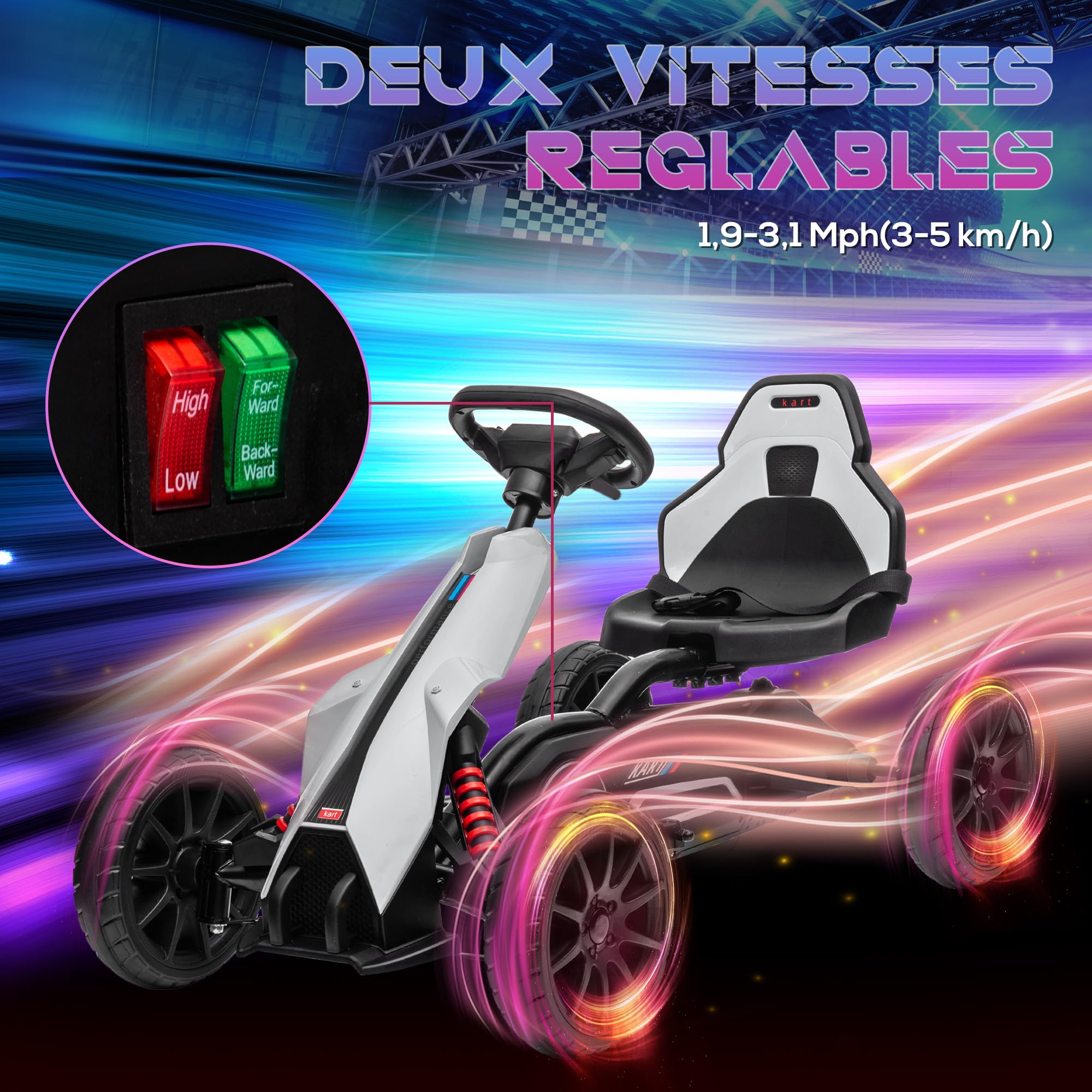 HOMCOM Kart électrique pour Enfant 12V - Vitesse 3-5km/h pour Enfants de 3 à 8 Ans - siège réglable Ceinture de sécurité et 5 Roues - Blanc