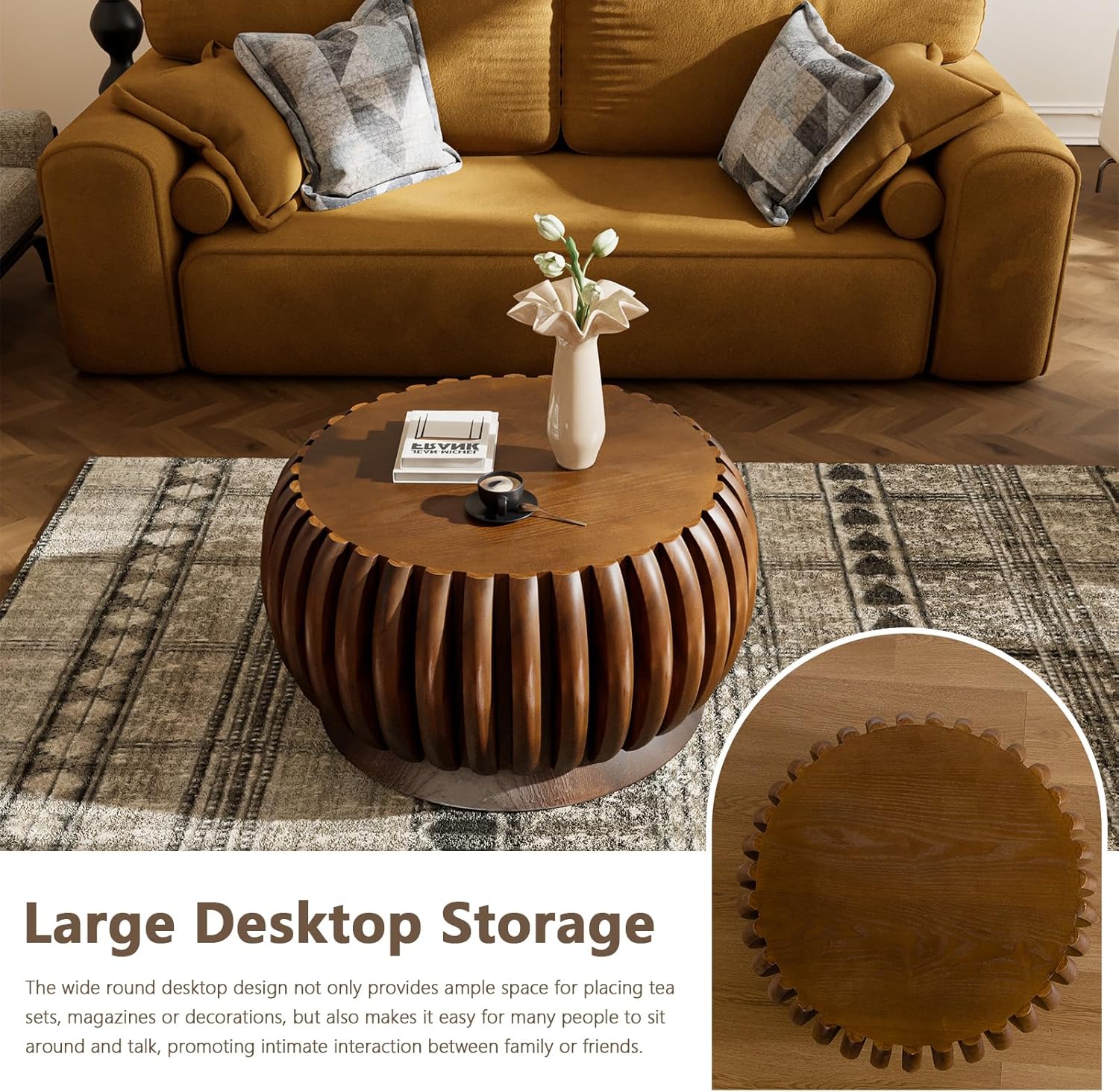 26.37'' Round Drum Coffee Table Modern Farmhouse Circle Coffee Tables with Fluted Pedestal Tea Tables Center Table for Living Room Walnut (26.37 * 26.37 * 14.17in)