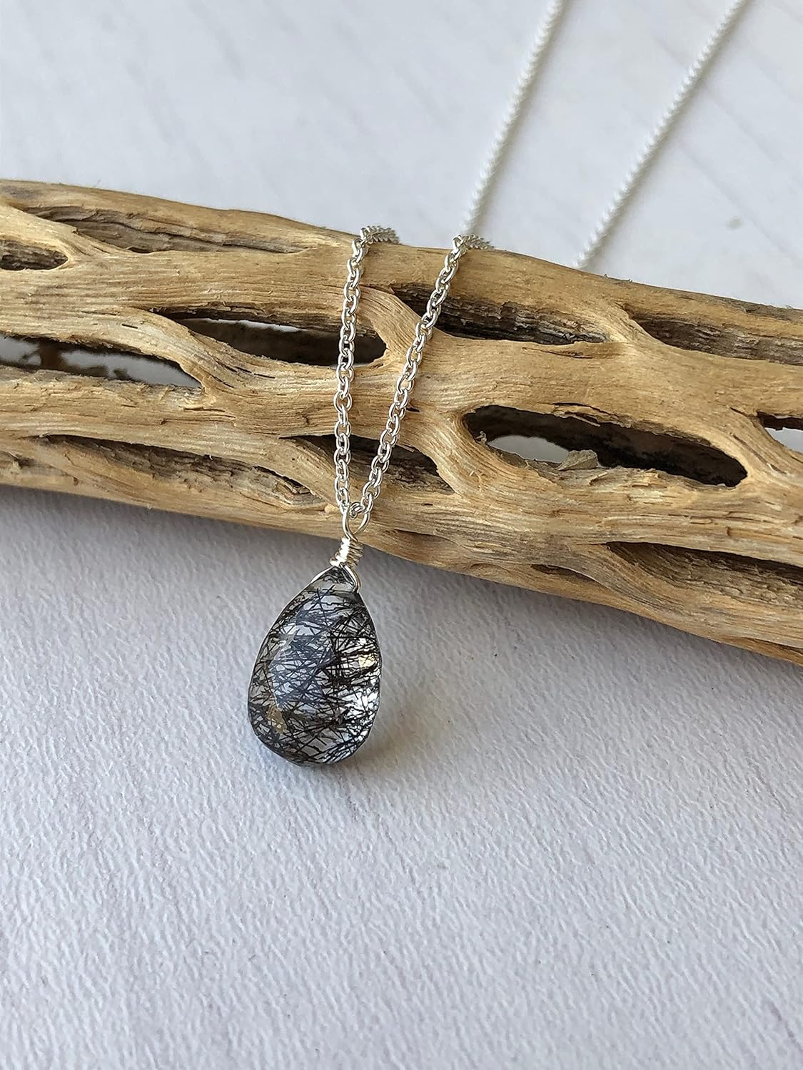 Rutilated Quartz Necklace Dainty Teardrop Pendant Minimalist Boho Jewelry Black Layering Necklace Gift for women - Image 5